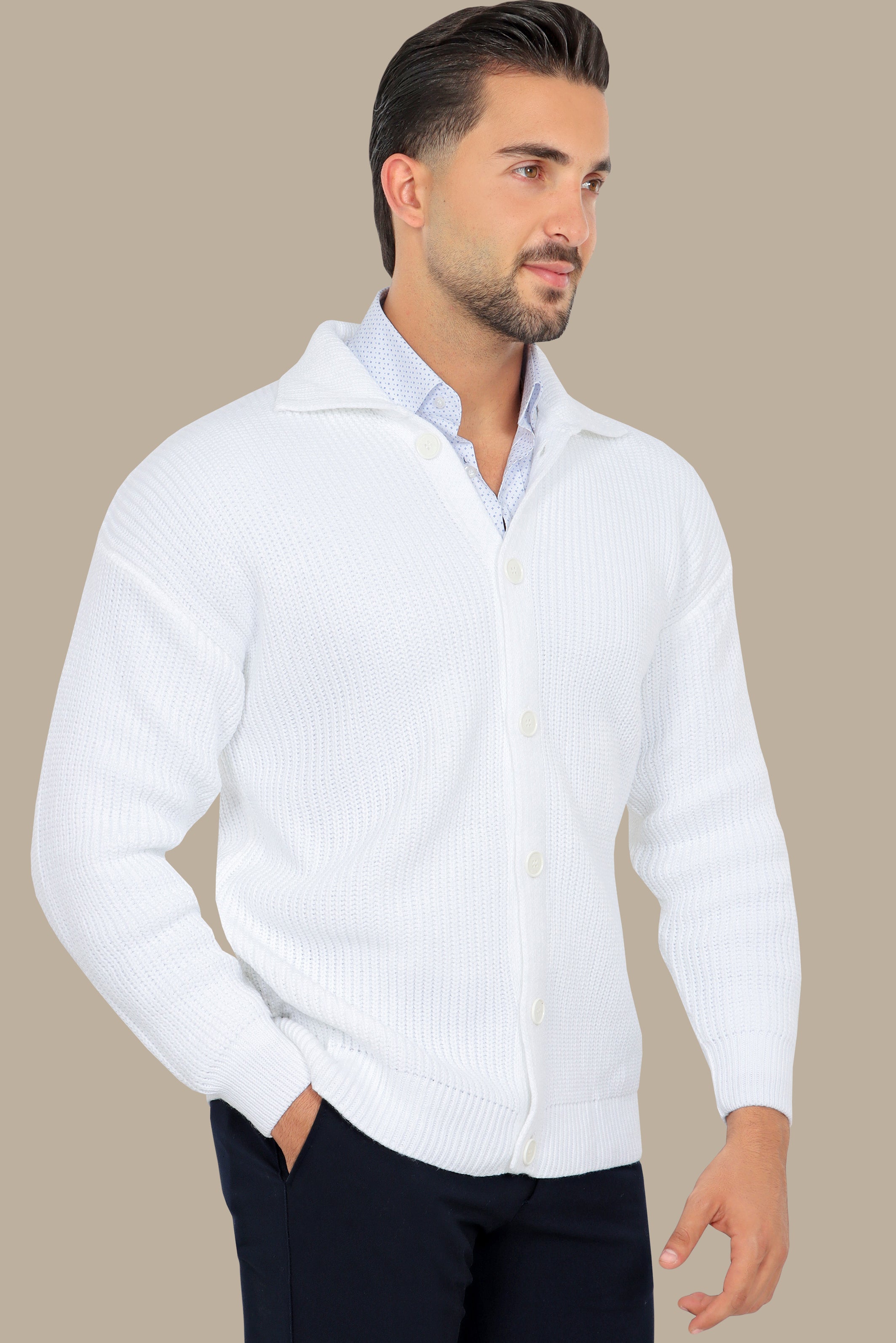 White Mercerized Cardigan with Full Buttons