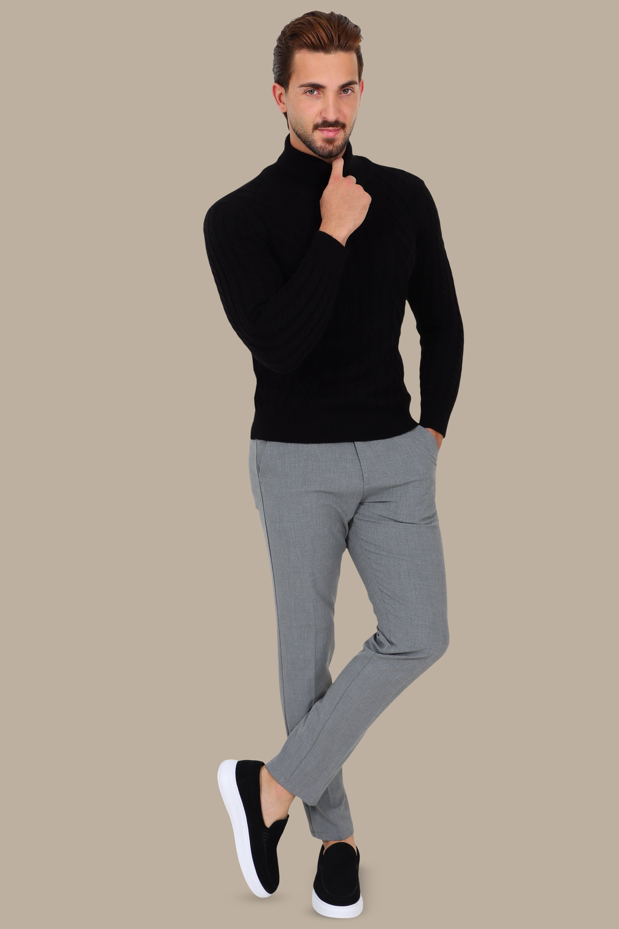 Black Thick Braided Turtleneck Sweater