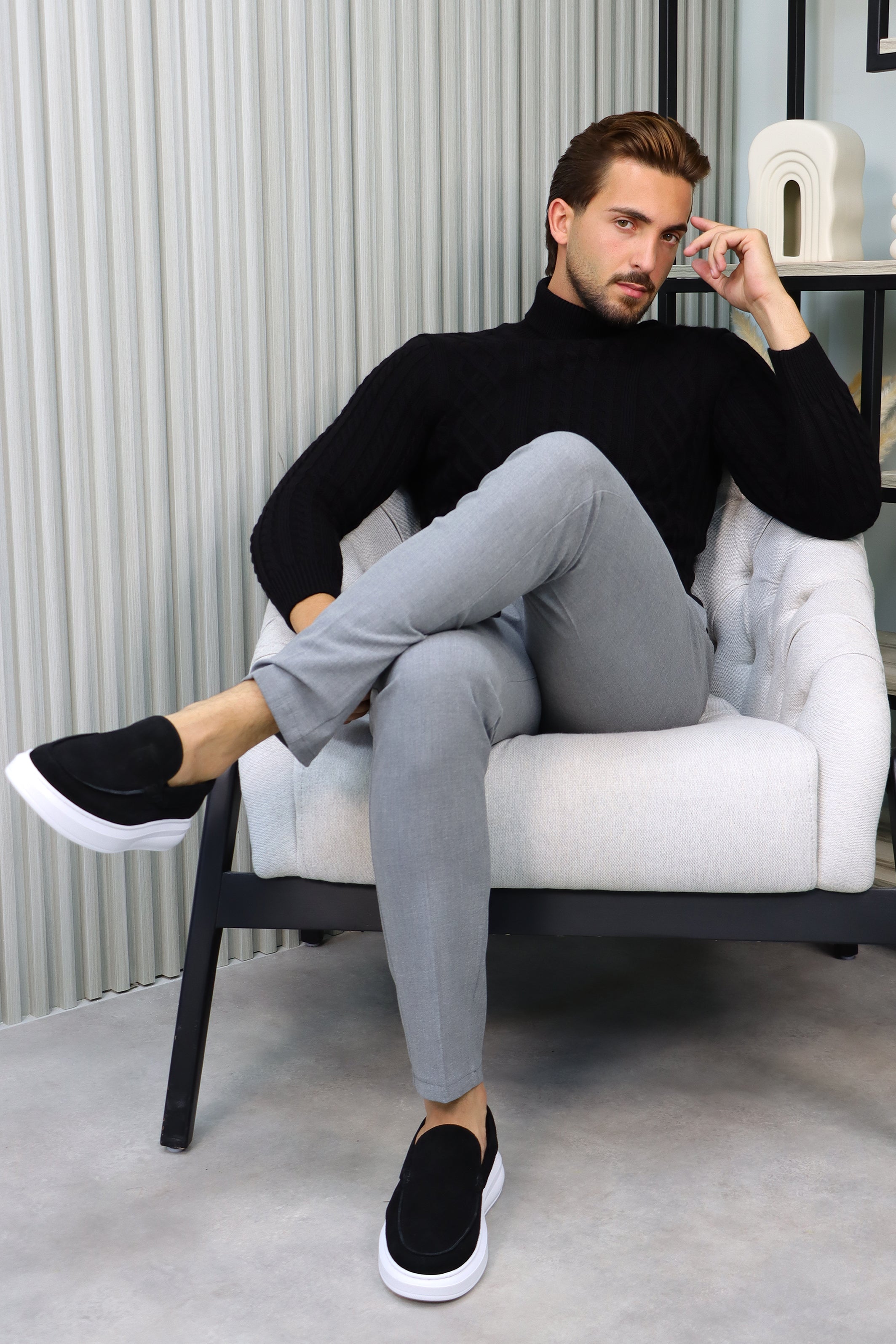 Black Thick Braided Turtleneck Sweater