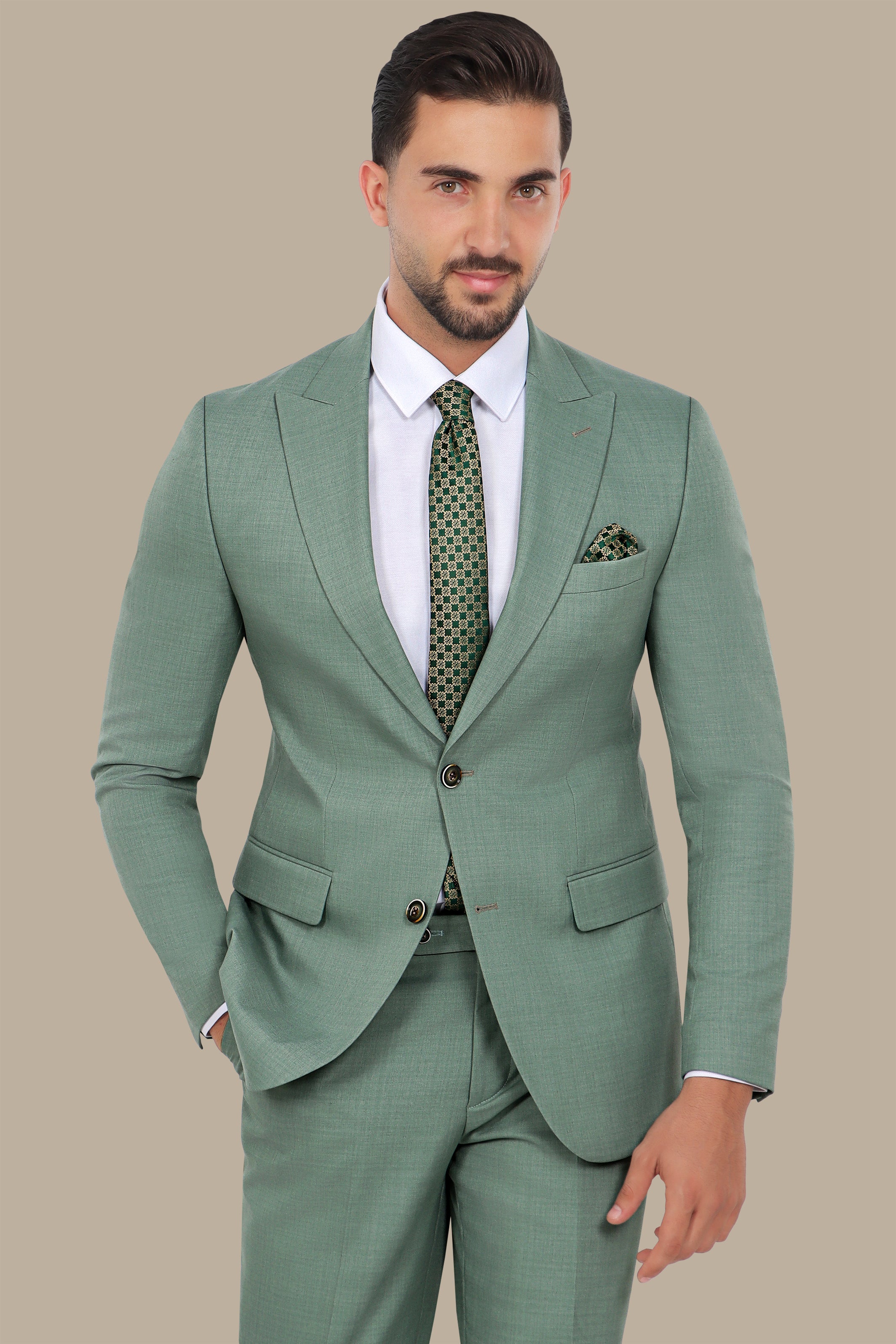 Light Green Lycra Suit: 2-Piece with Peak Lapel