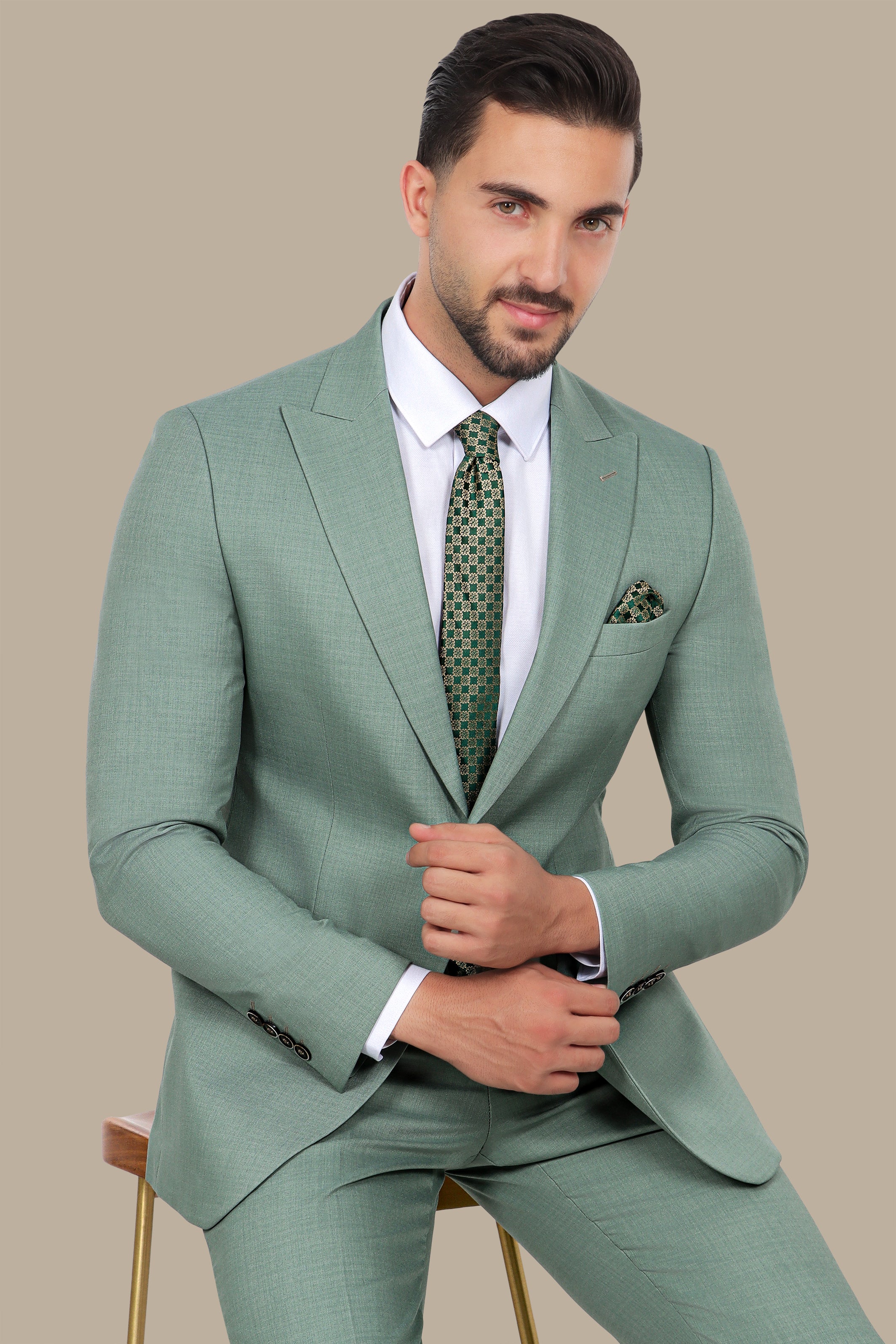 Light Green Lycra Suit: 2-Piece with Peak Lapel