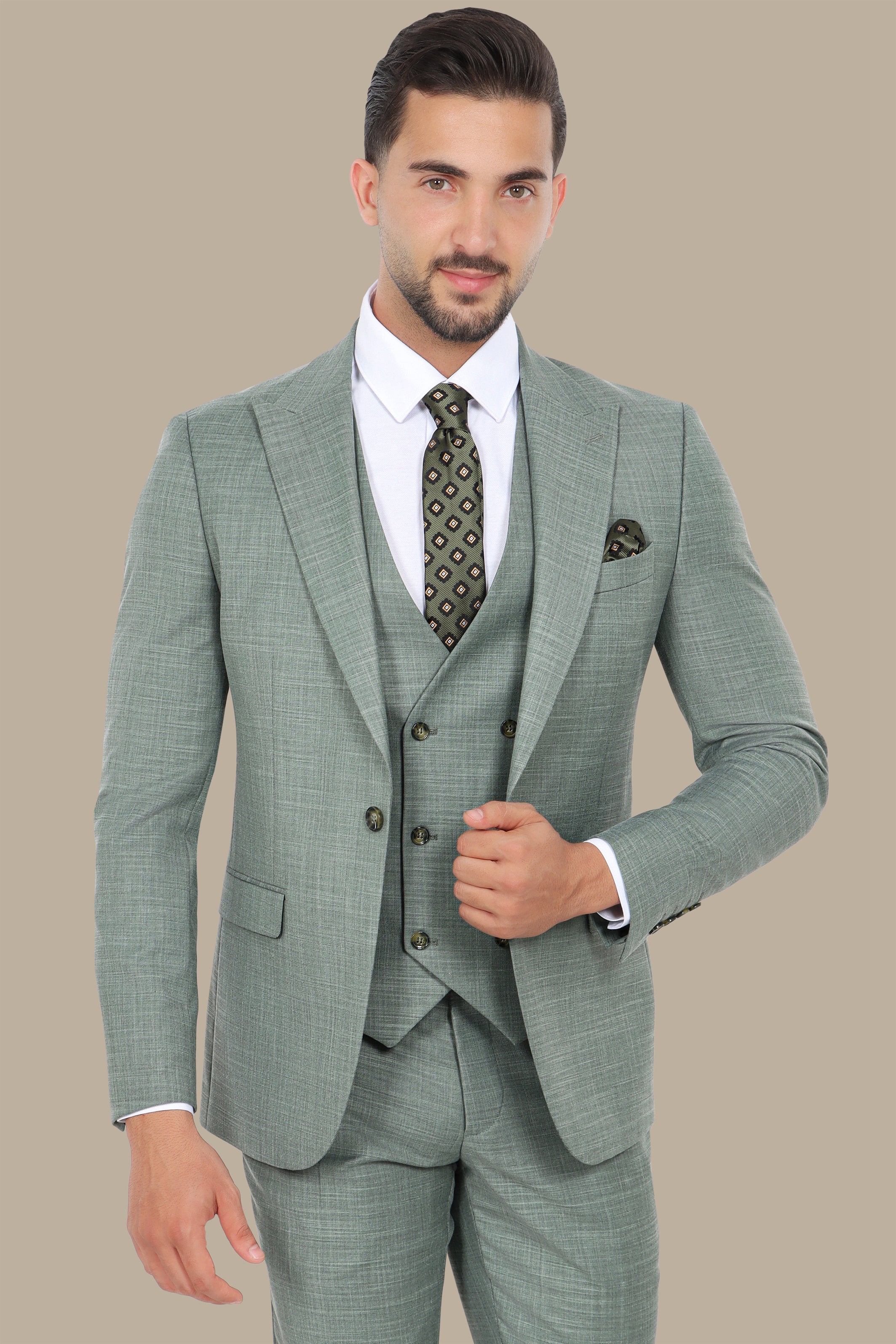 Light Green 3-Piece Suit: Fila Fabric with Peak Lapel