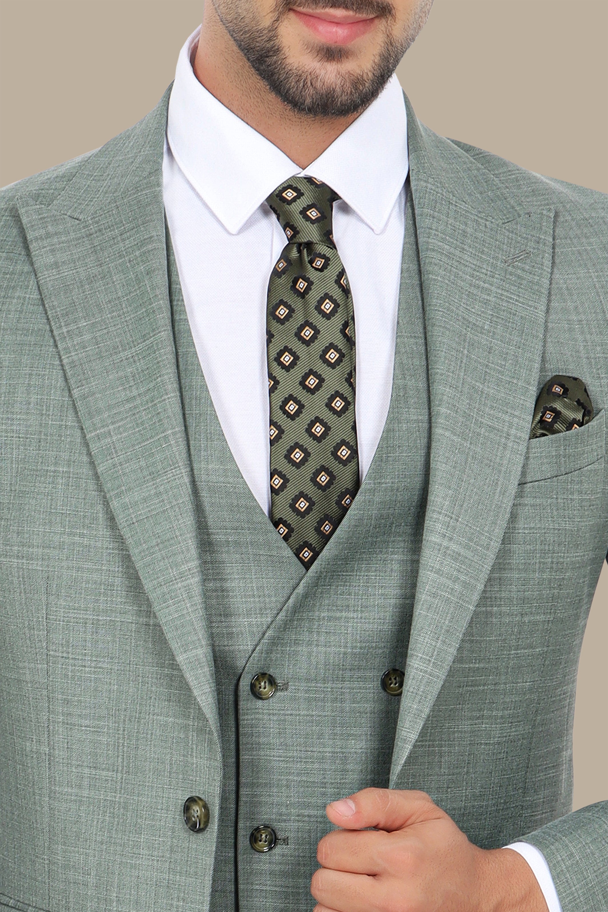 Light Green 3-Piece Suit: Fila Fabric with Peak Lapel