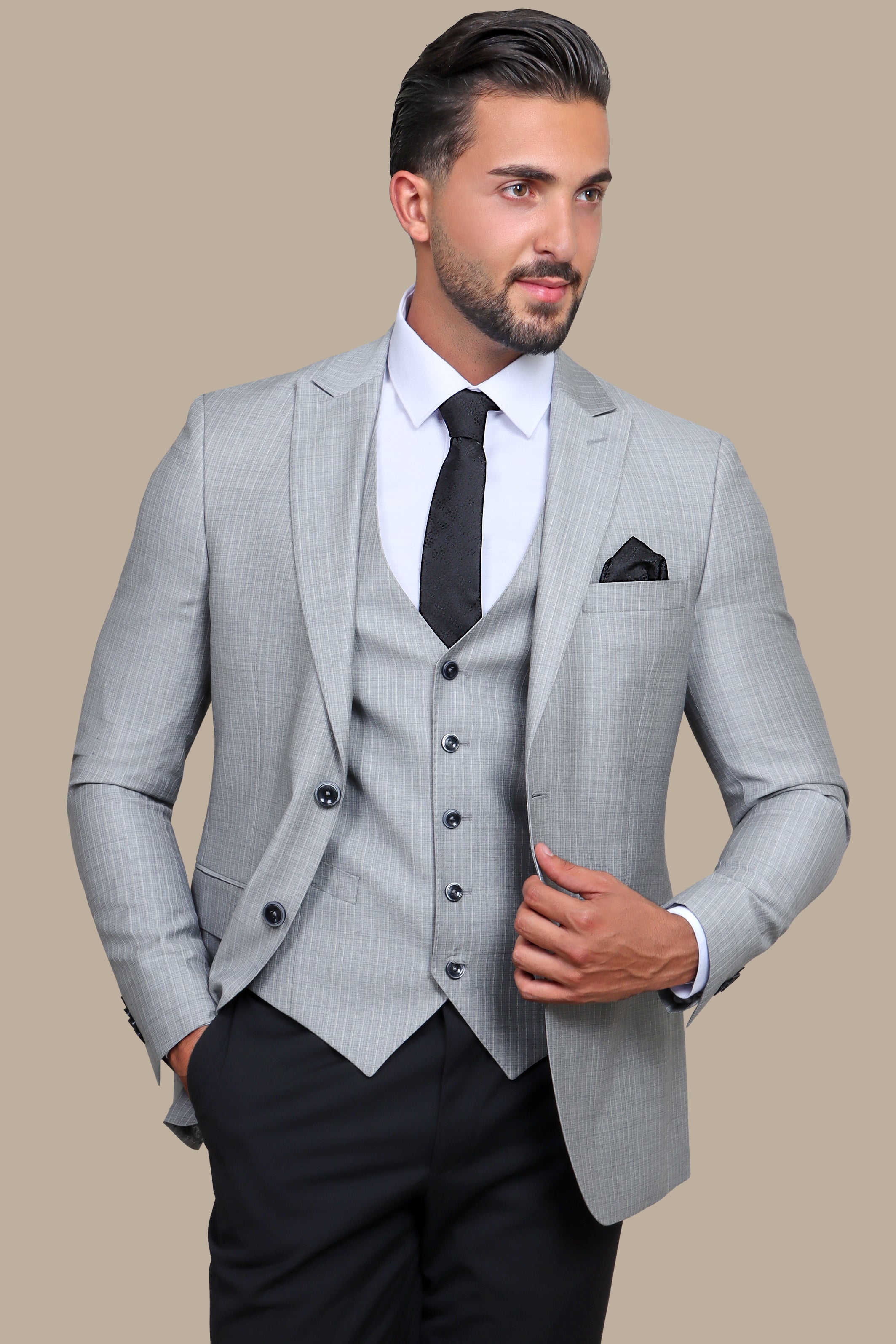 Light Grey Slim Fit 3-Piece Striped Wool Suit