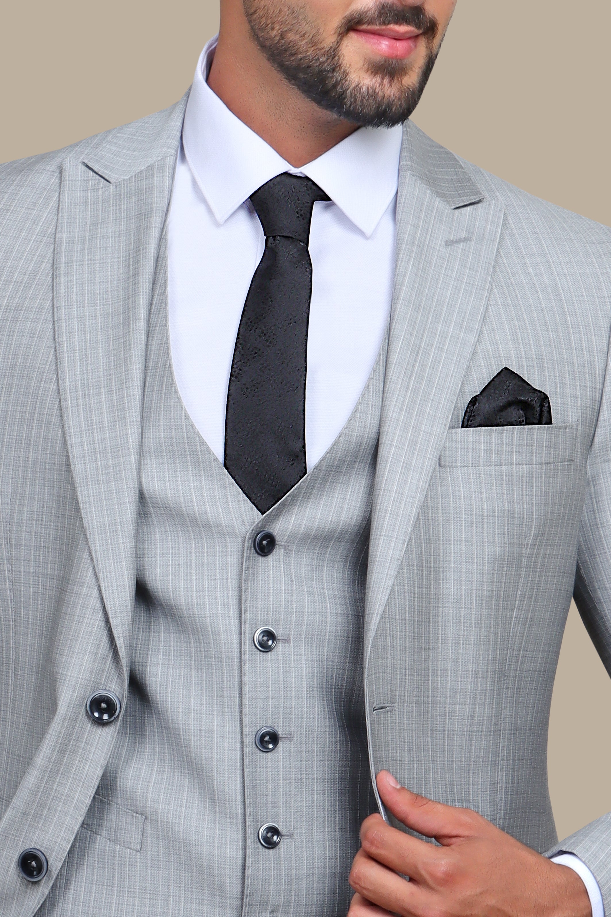 Light Grey Slim Fit 3-Piece Striped Wool Suit