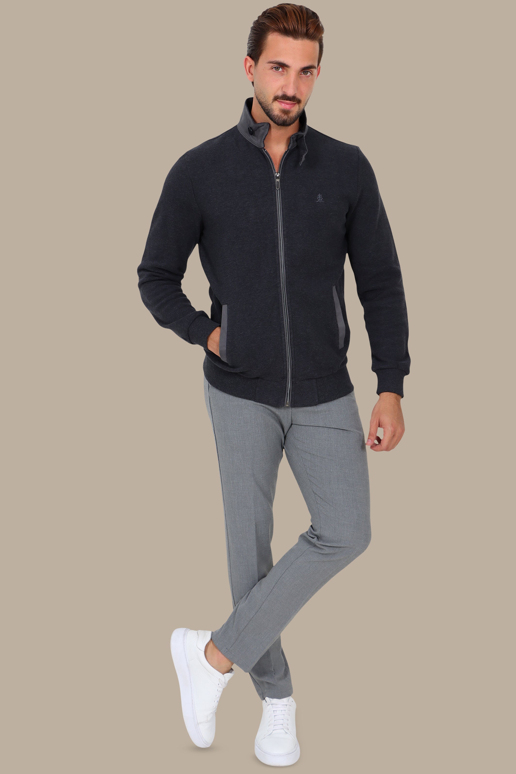 Dark Grey Full-Zip Cardigan with Velvet Collar and Buttons