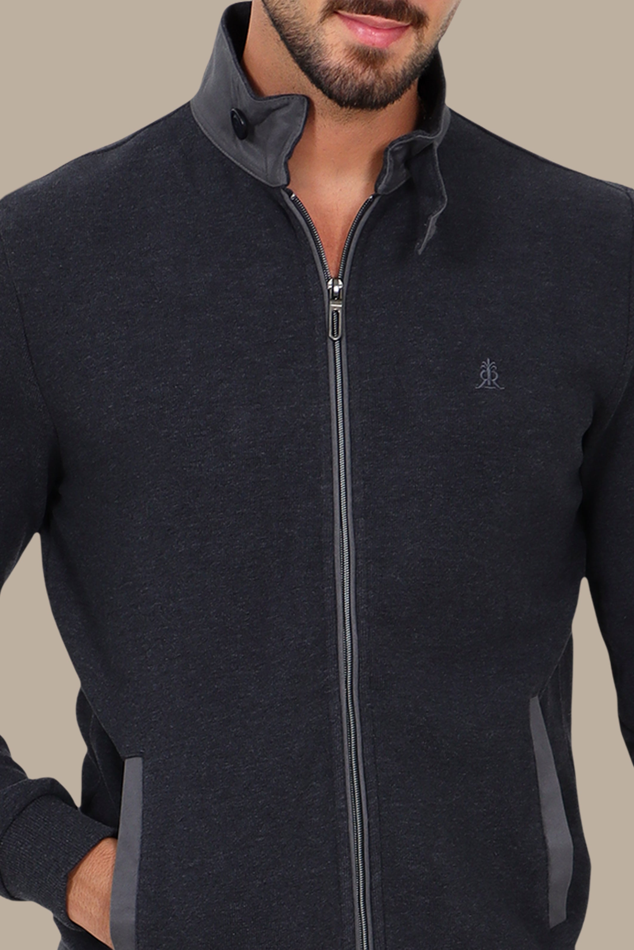 Dark Grey Full-Zip Cardigan with Velvet Collar and Buttons