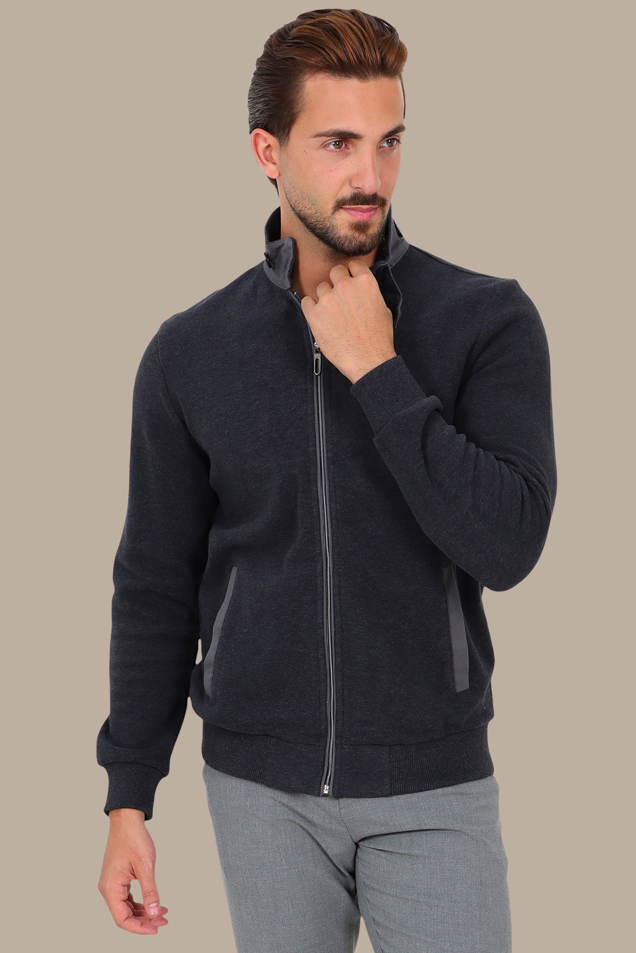 Dark Grey Full-Zip Cardigan with Velvet Collar and Buttons