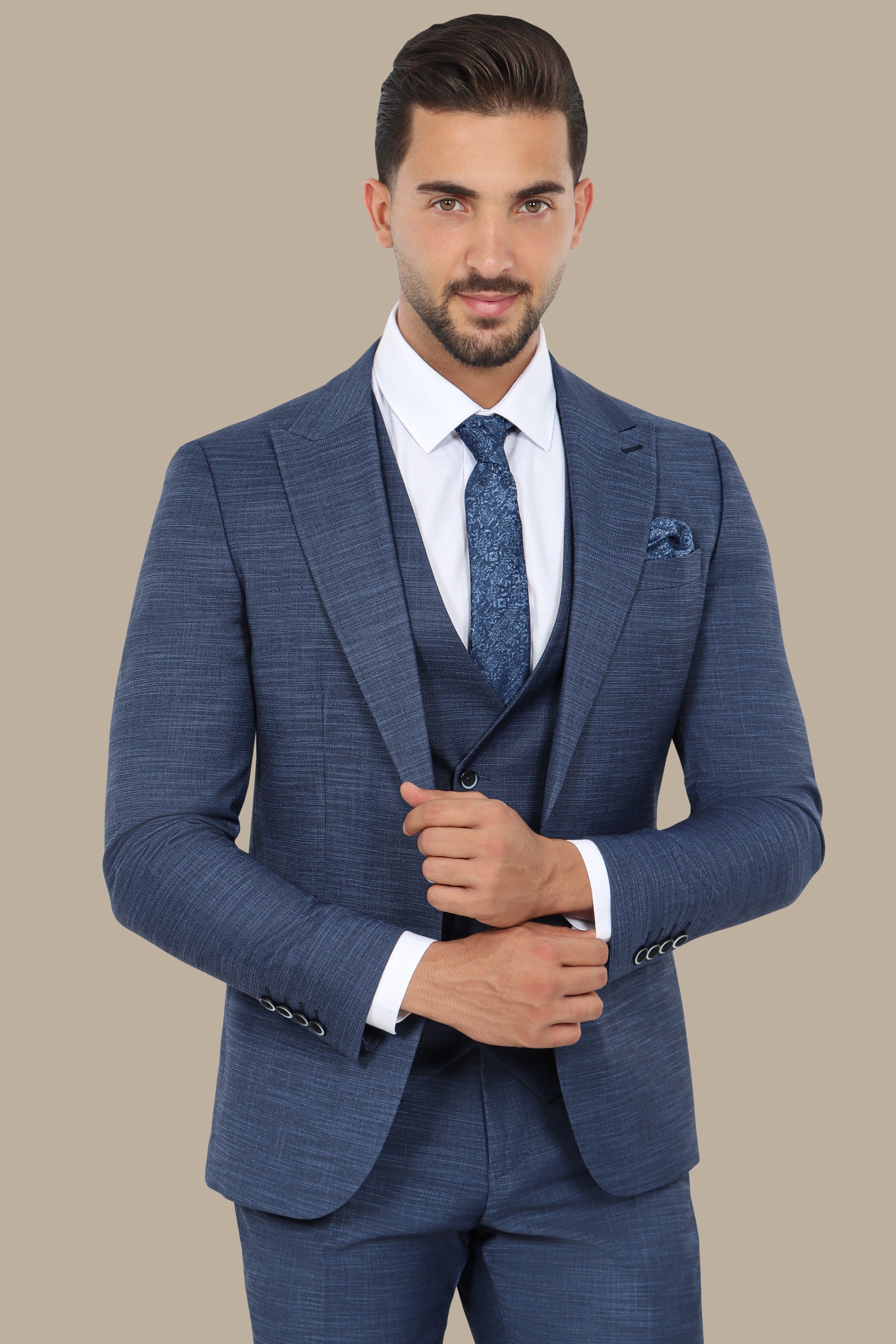 Blue 3-Piece Suit: Fila Fabric with Peak Lapel