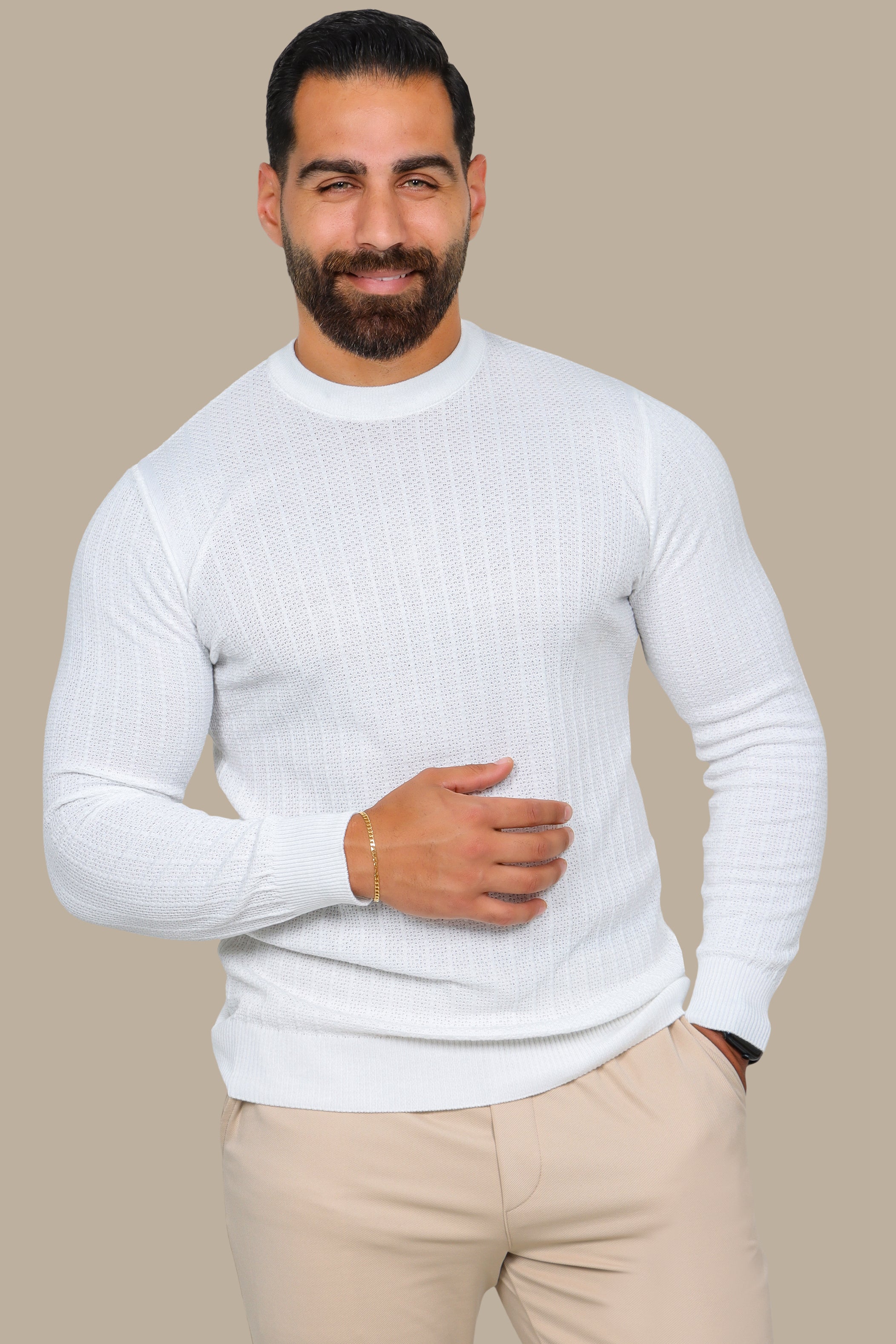 White Structured Stripe Round Neck Sweater
