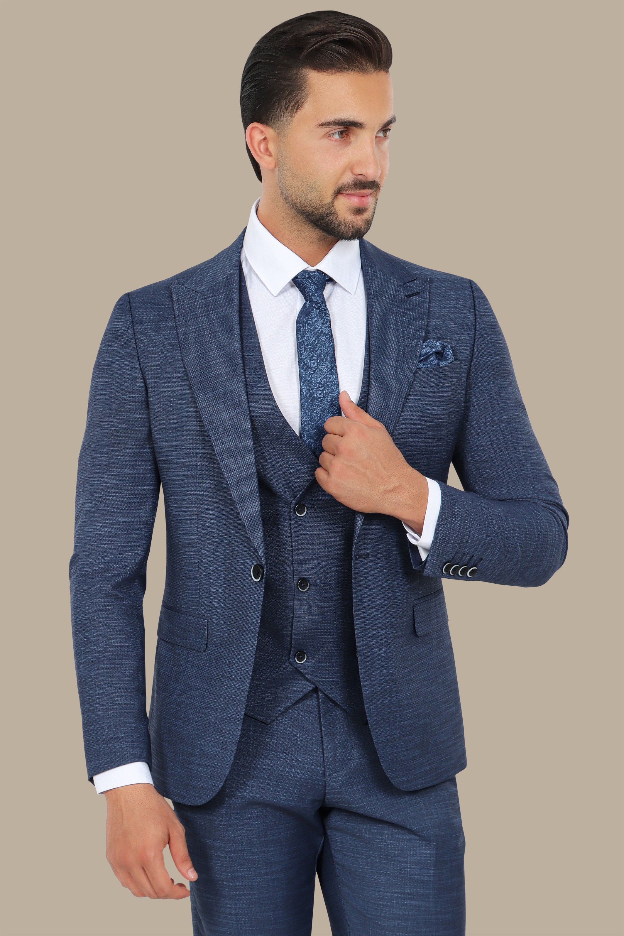 Blue 3-Piece Suit: Fila Fabric with Peak Lapel