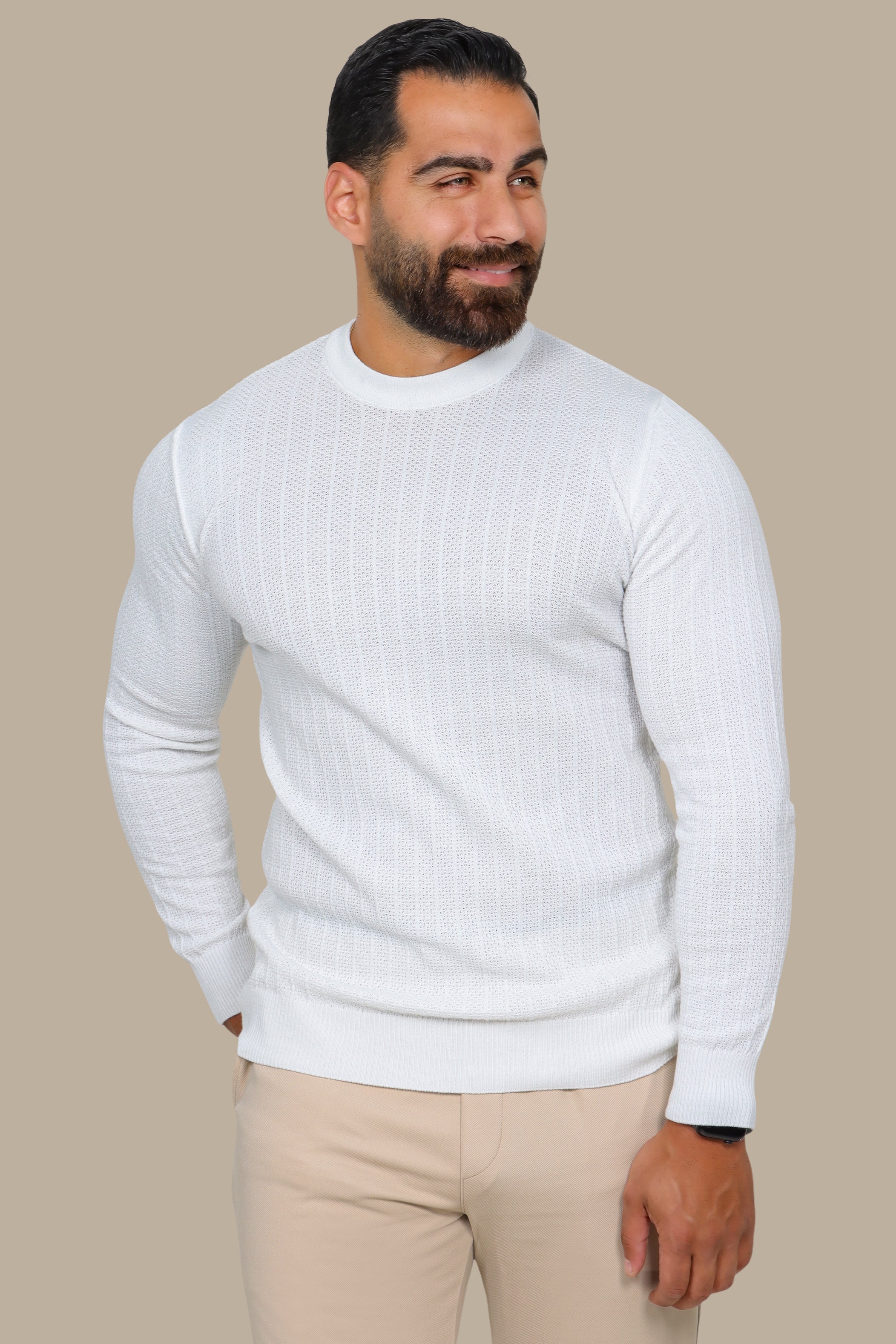 White Structured Stripe Round Neck Sweater