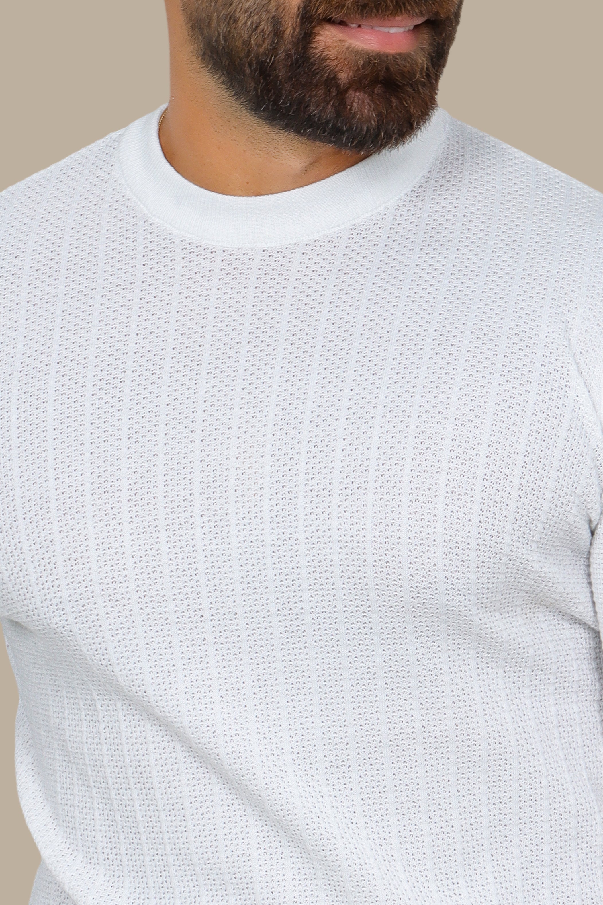 White Structured Stripe Round Neck Sweater
