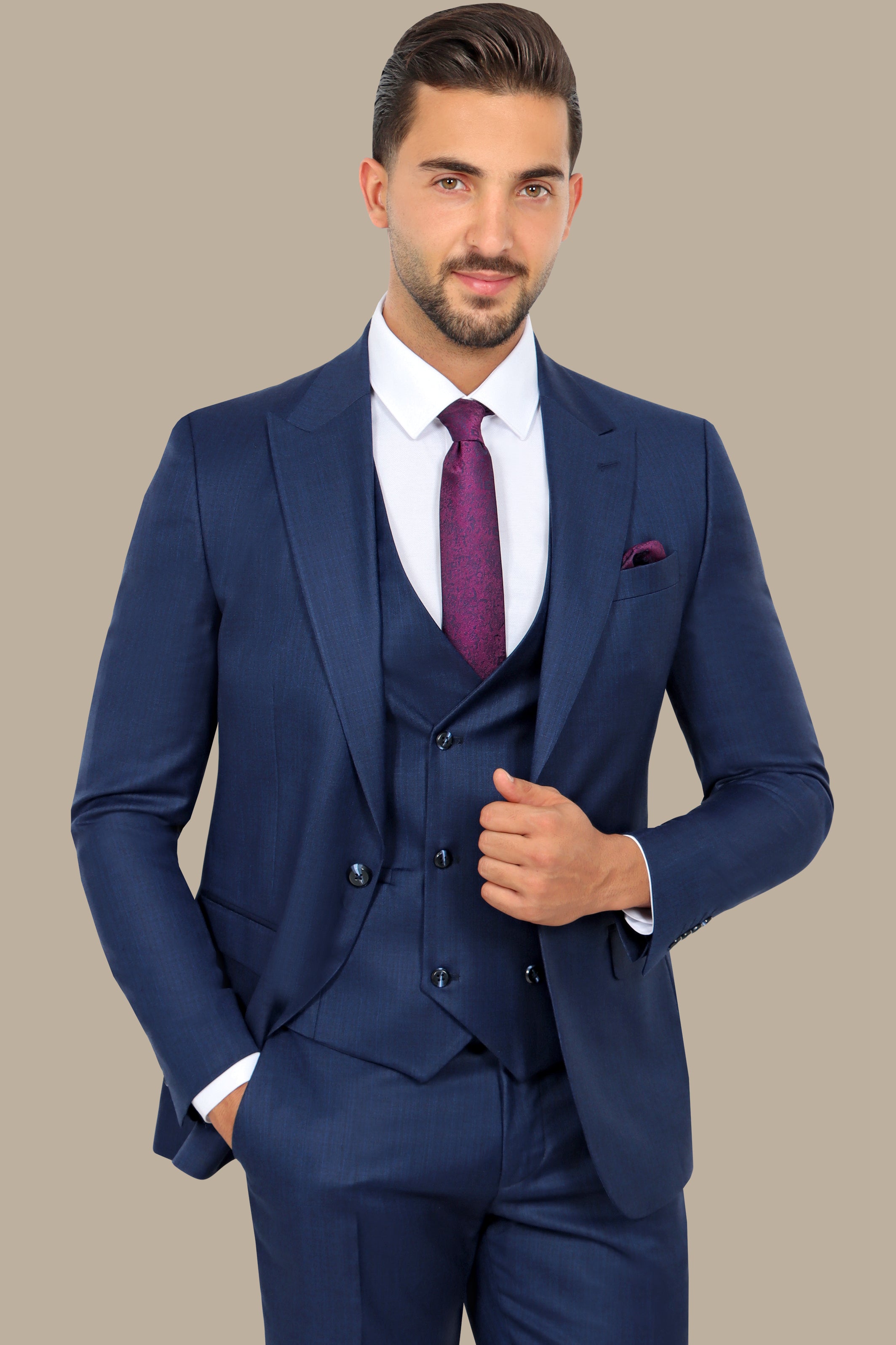 Classic Elegance: 3-Piece Blue Fila Fil Suit with Peak Lapel