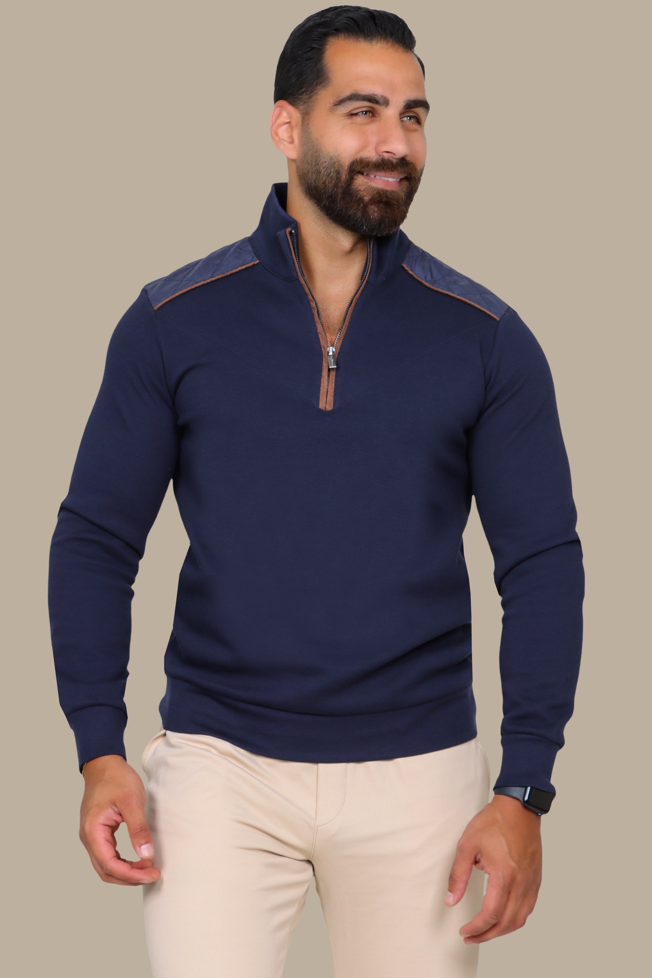 Navy Half-Zip Sweater with V-Cut and Shoulder Detail