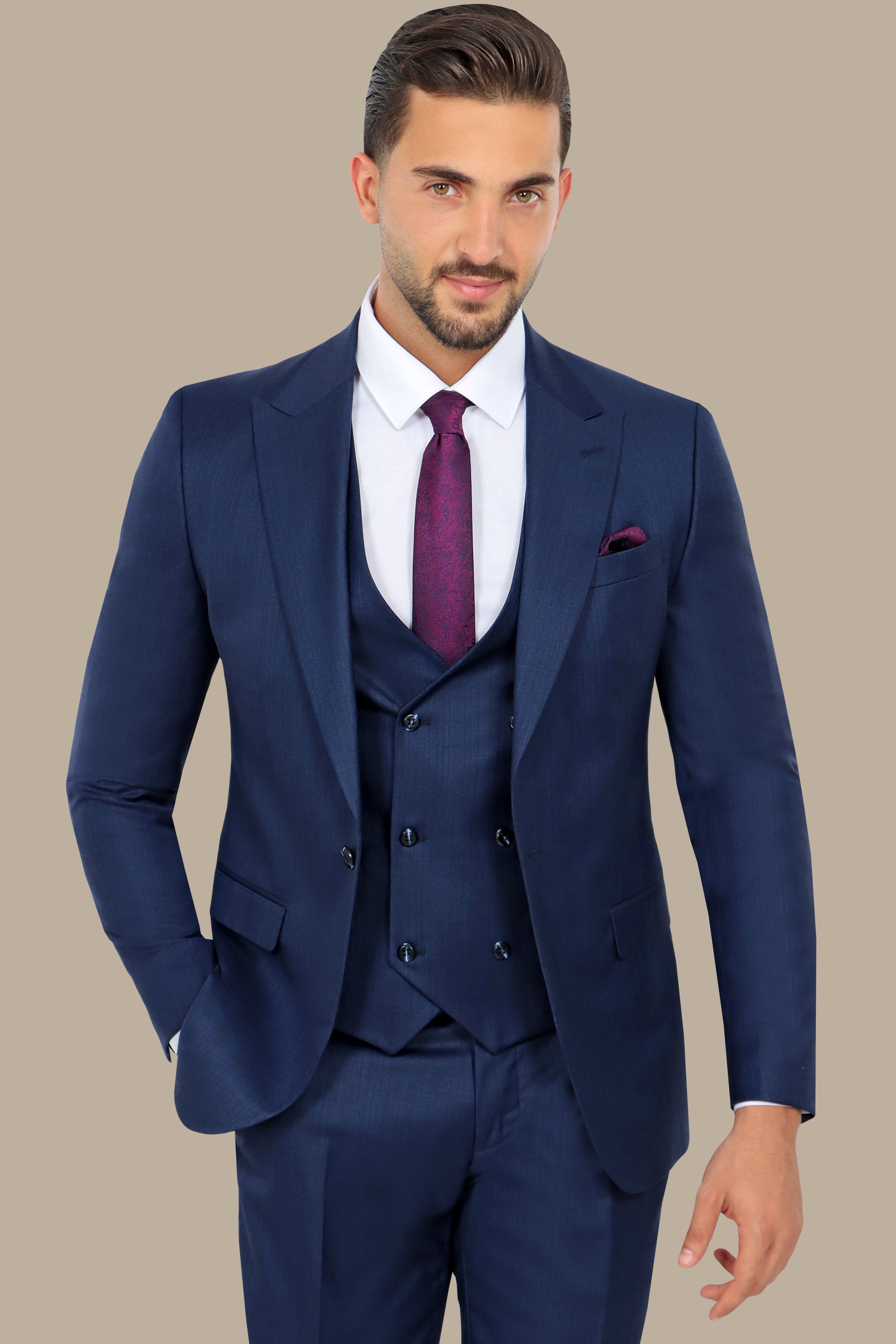 Classic Elegance: 3-Piece Blue Fila Fil Suit with Peak Lapel