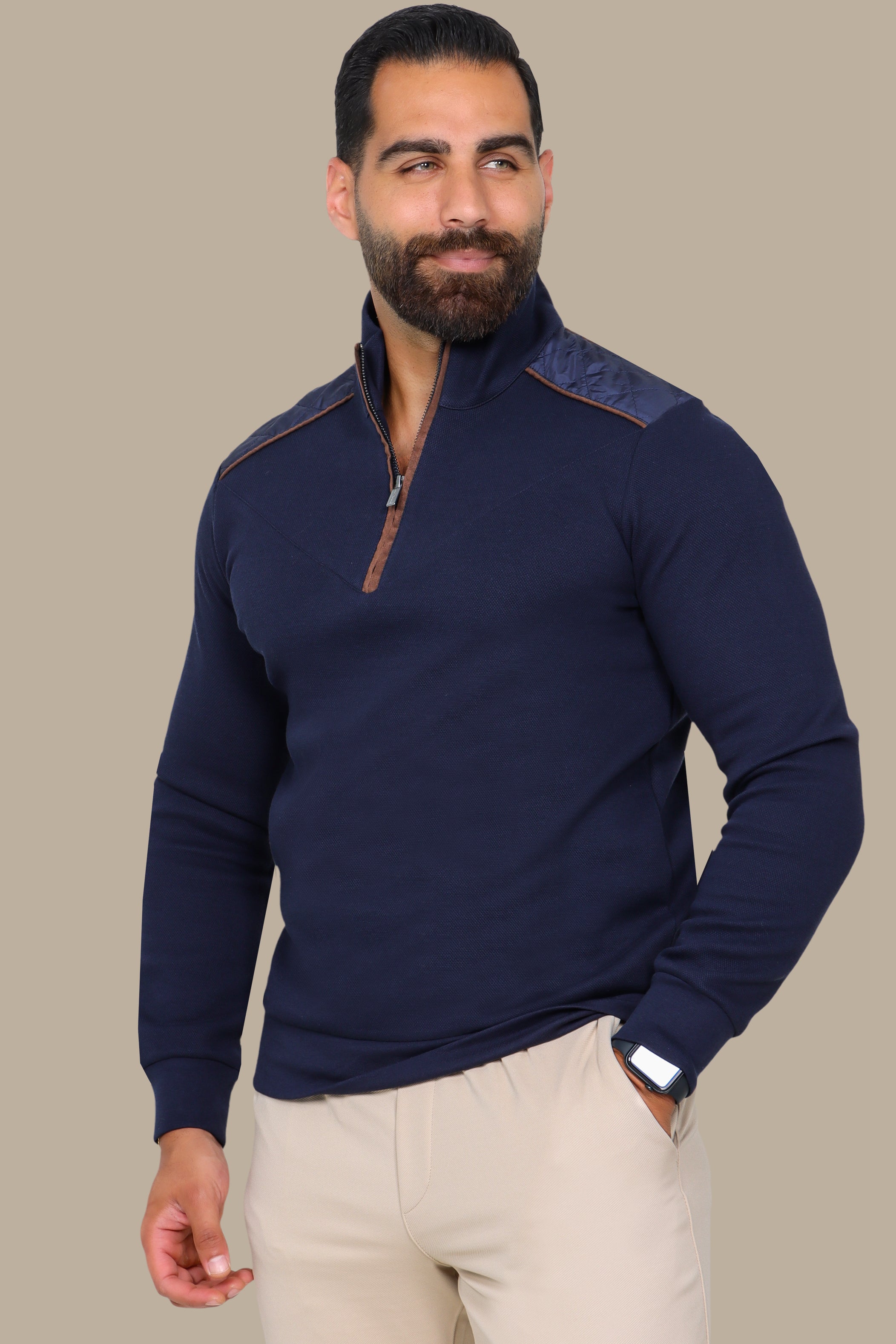 Navy Half-Zip Sweater with V-Cut and Shoulder Detail