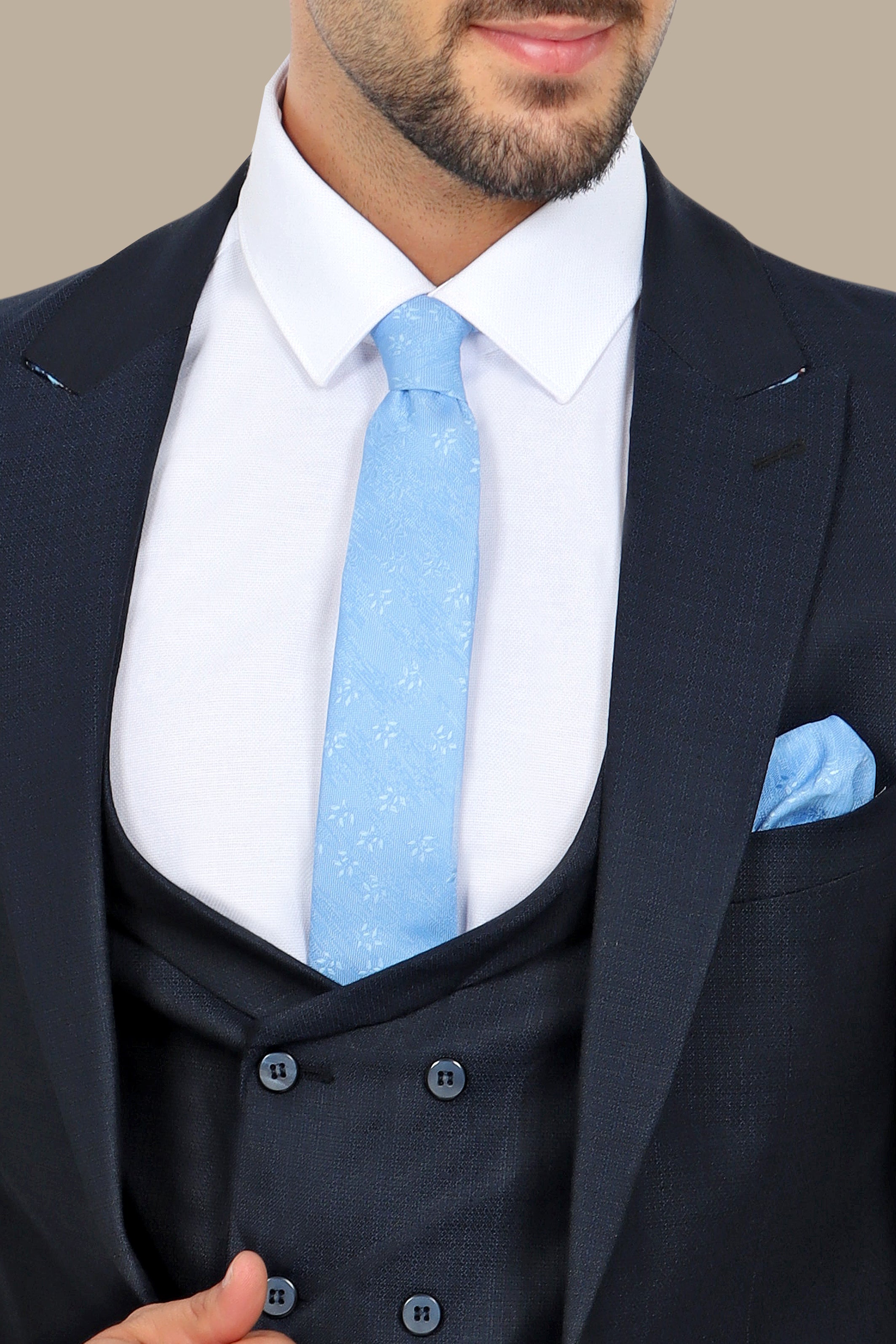 Timeless Structure: 3-Piece Navy Suit with Peak Lapel