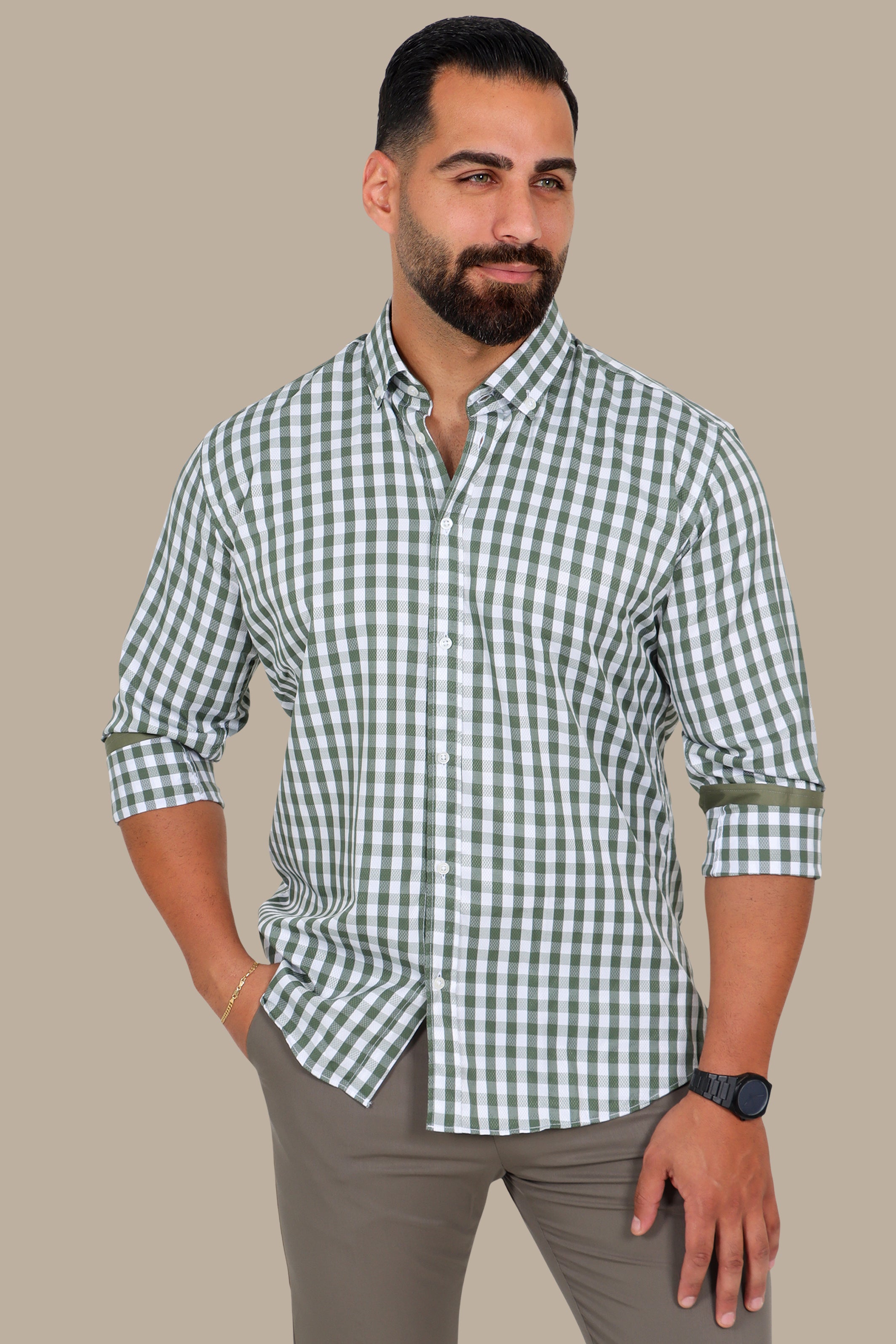 Khaki Gingham Button-Down Shirt