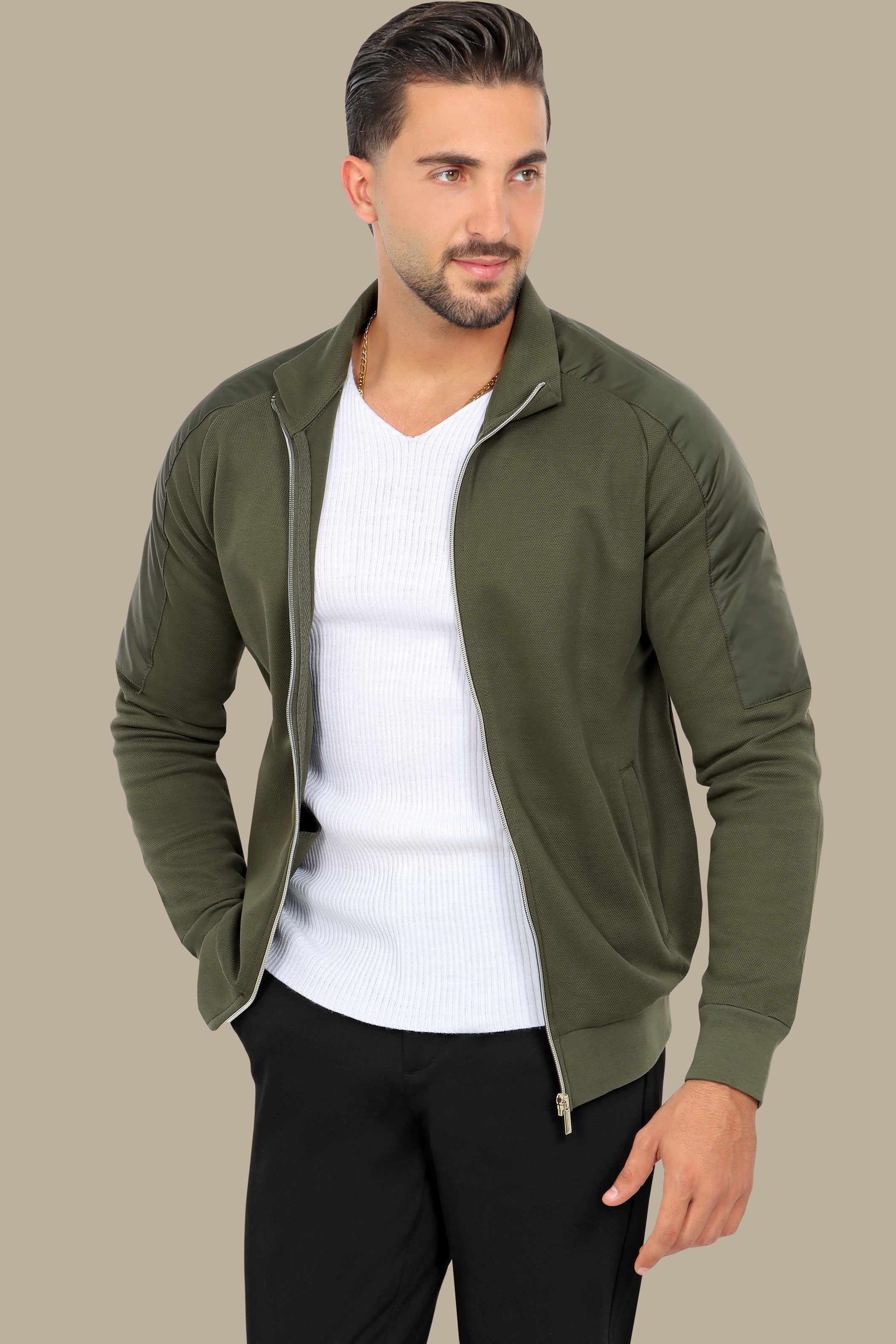 Khaki Full-Zip Cardigan with Mixed Shoulder Fabric