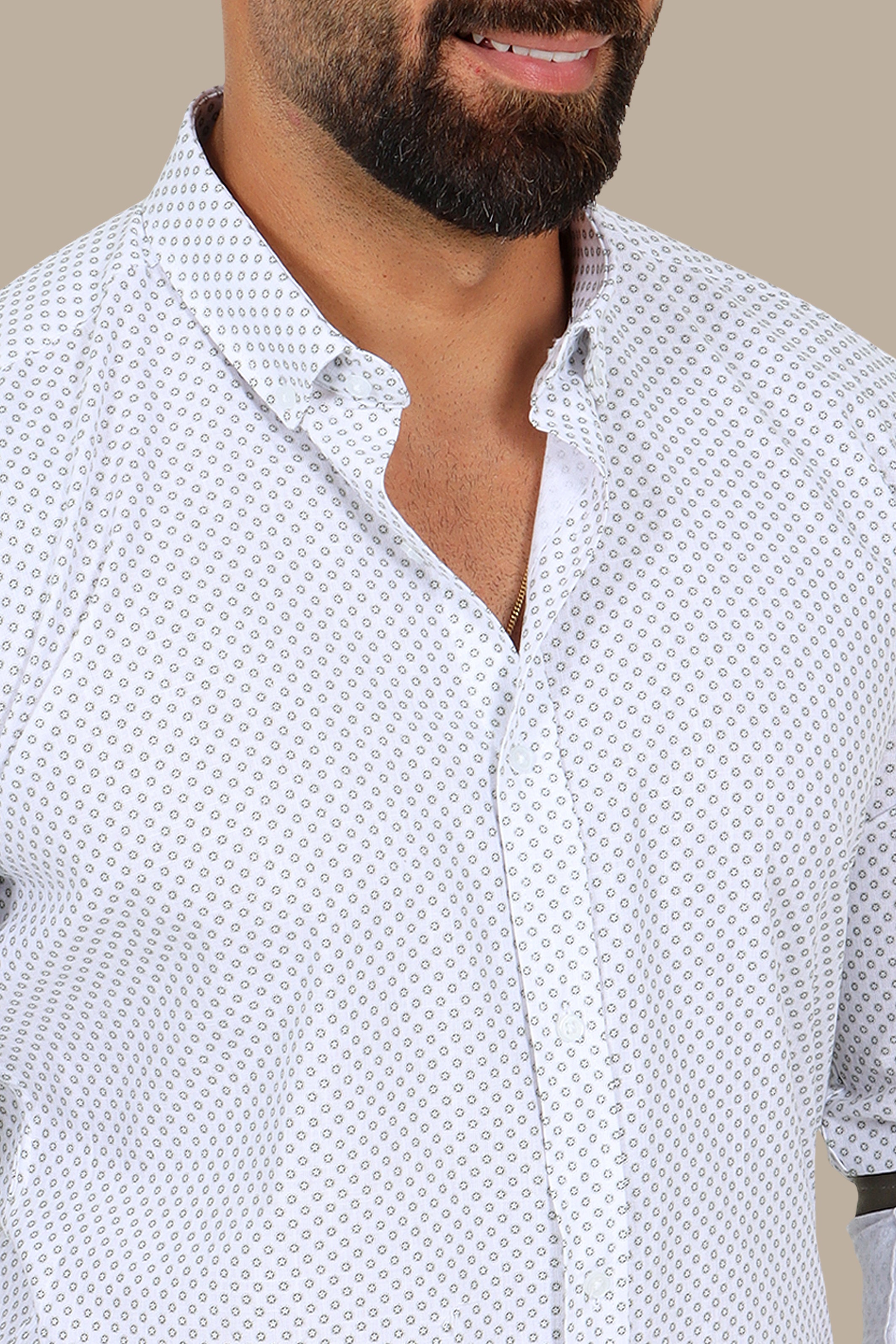 White Shirt with Olive Floral Circles