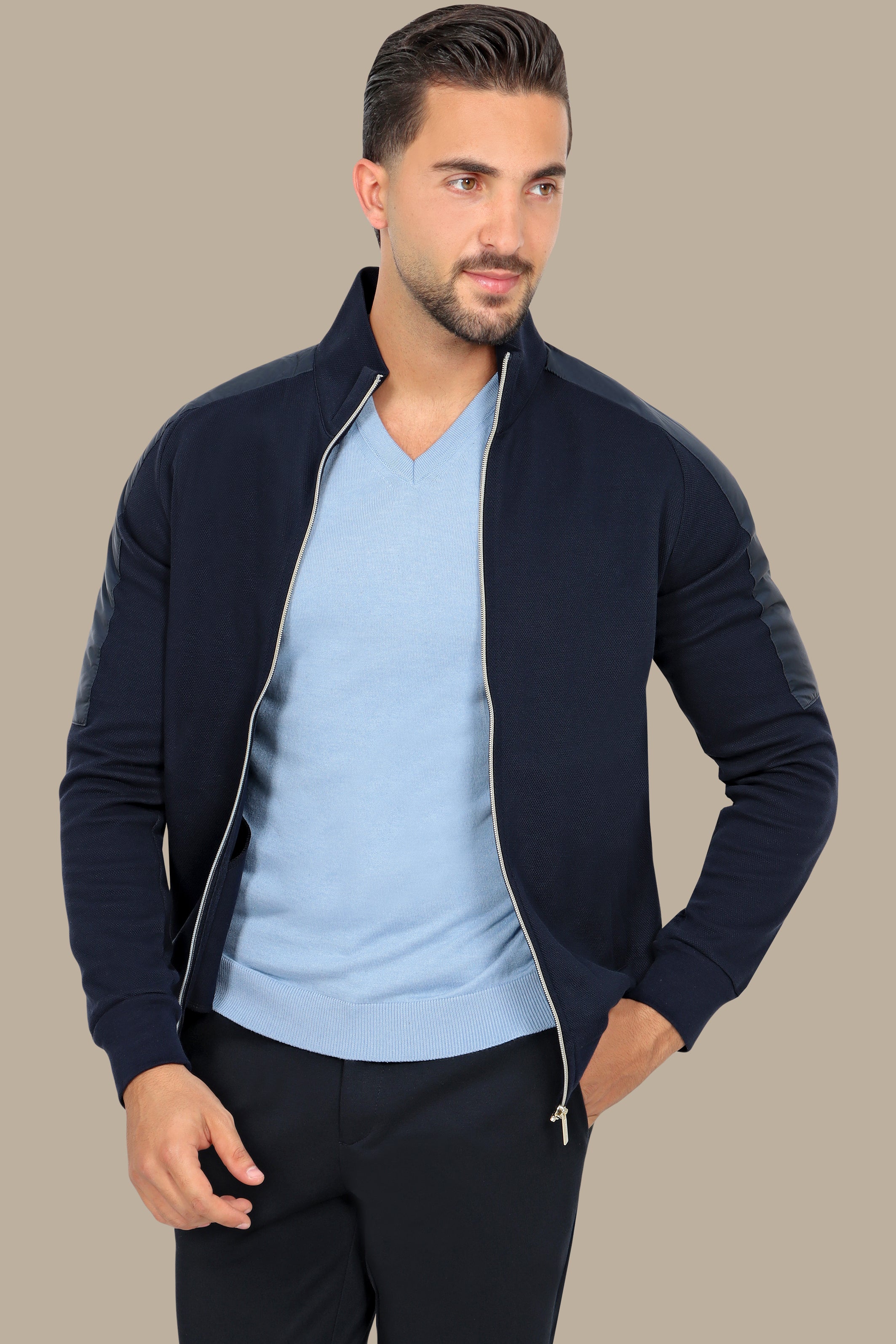 Navy Full-Zip Cardigan with Mixed Shoulder Fabric