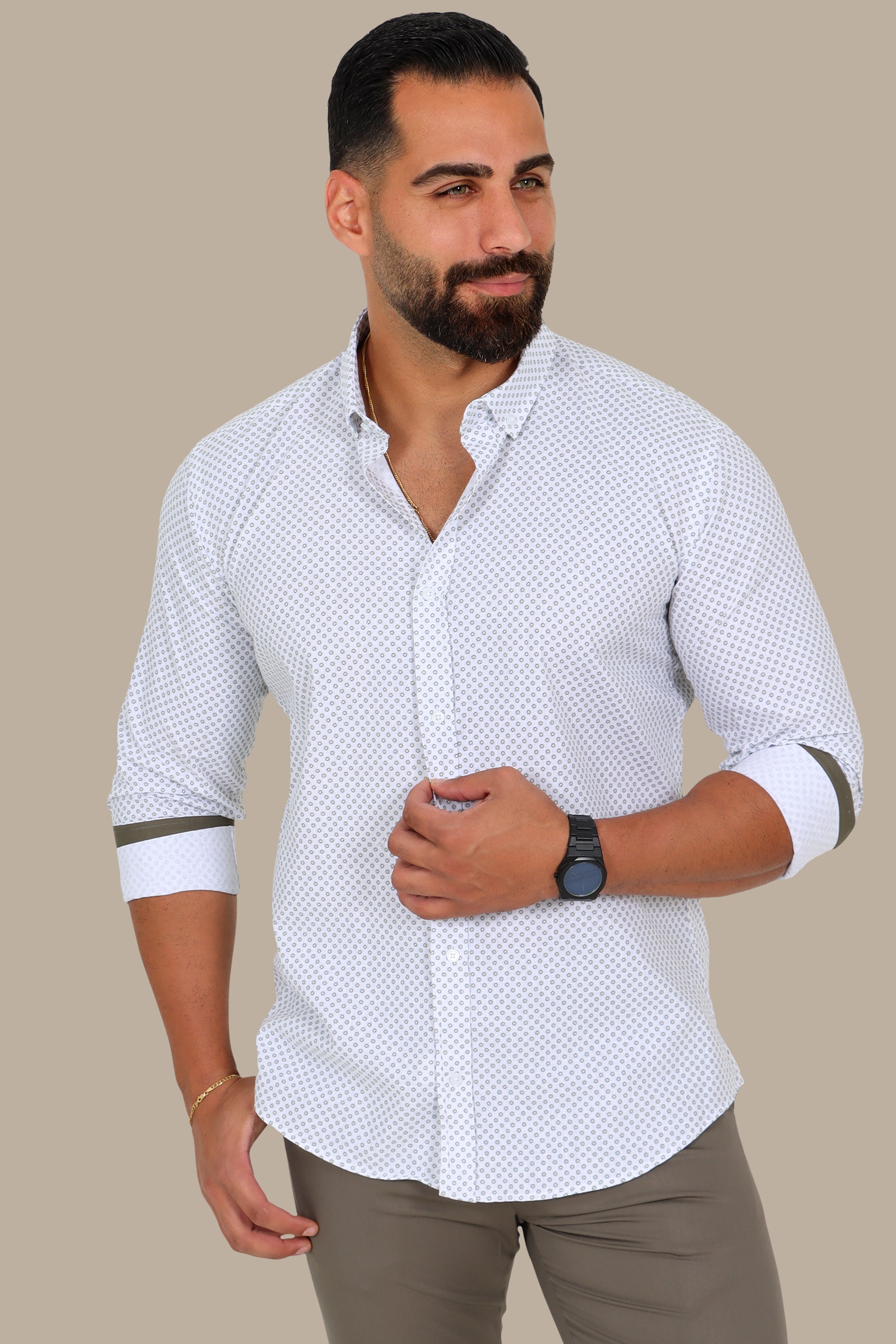 White Shirt with Olive Floral Circles