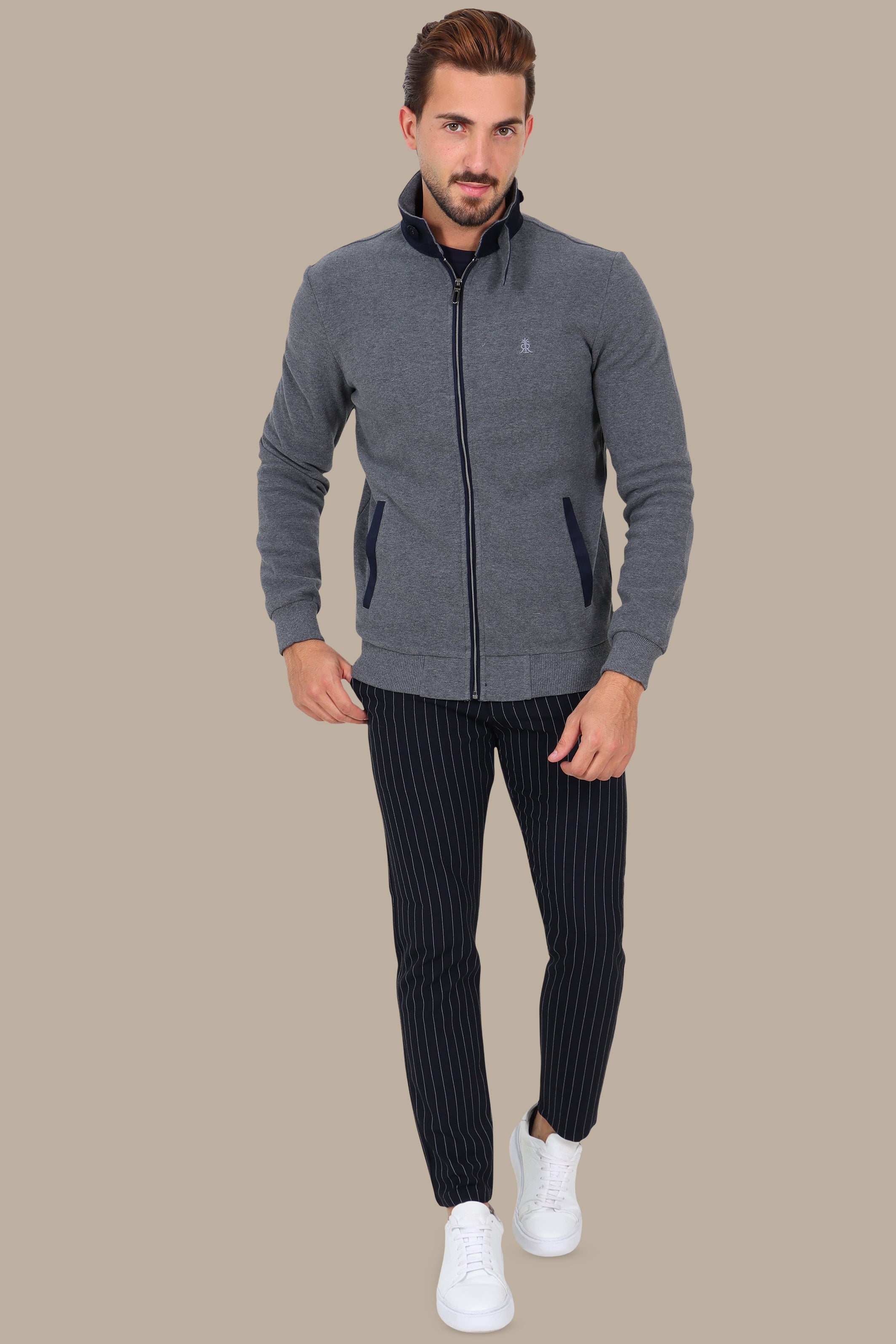 Grey Full-Zip Cardigan with Velvet Collar and Buttons