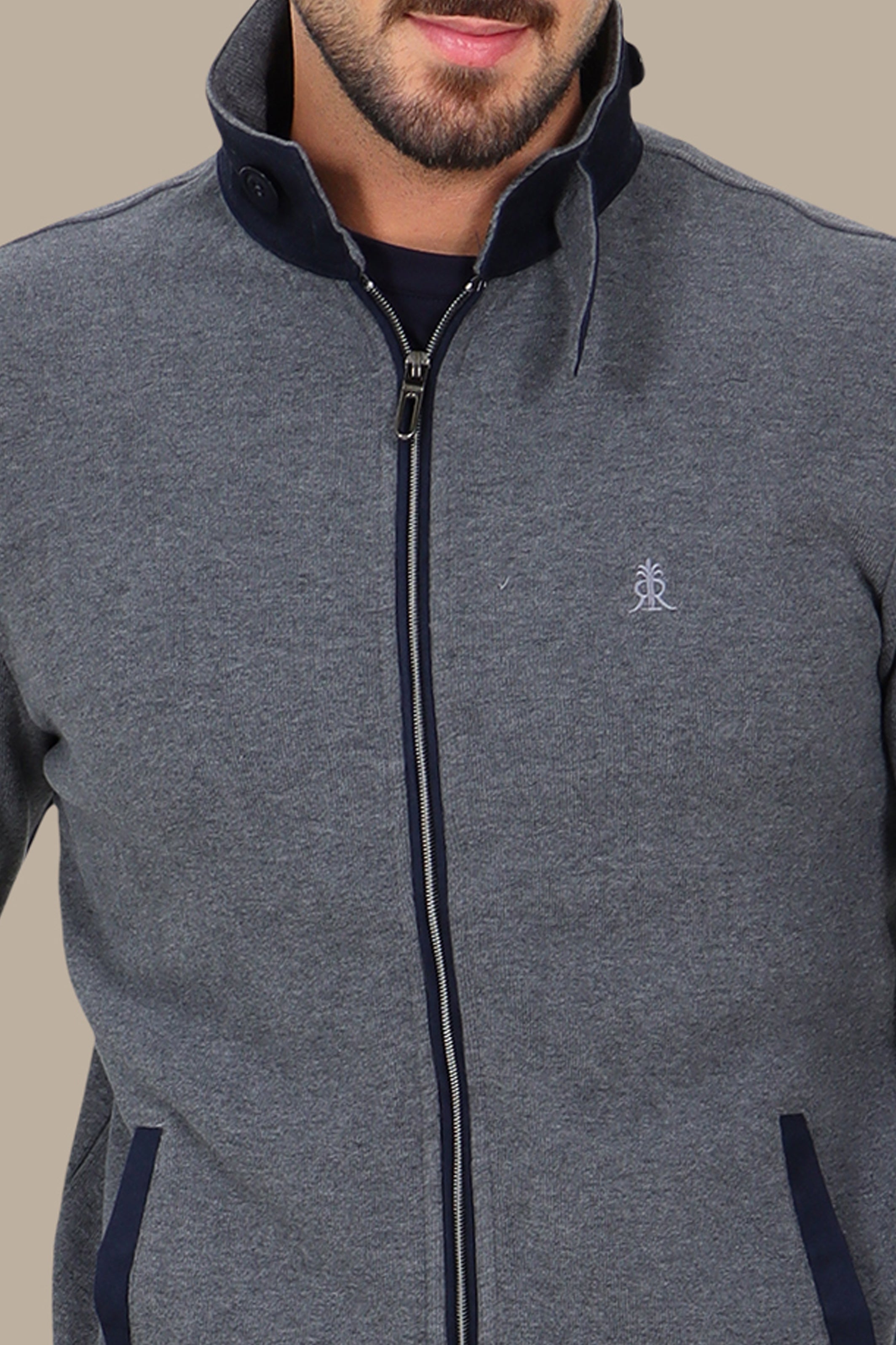 Grey Full-Zip Cardigan with Velvet Collar and Buttons