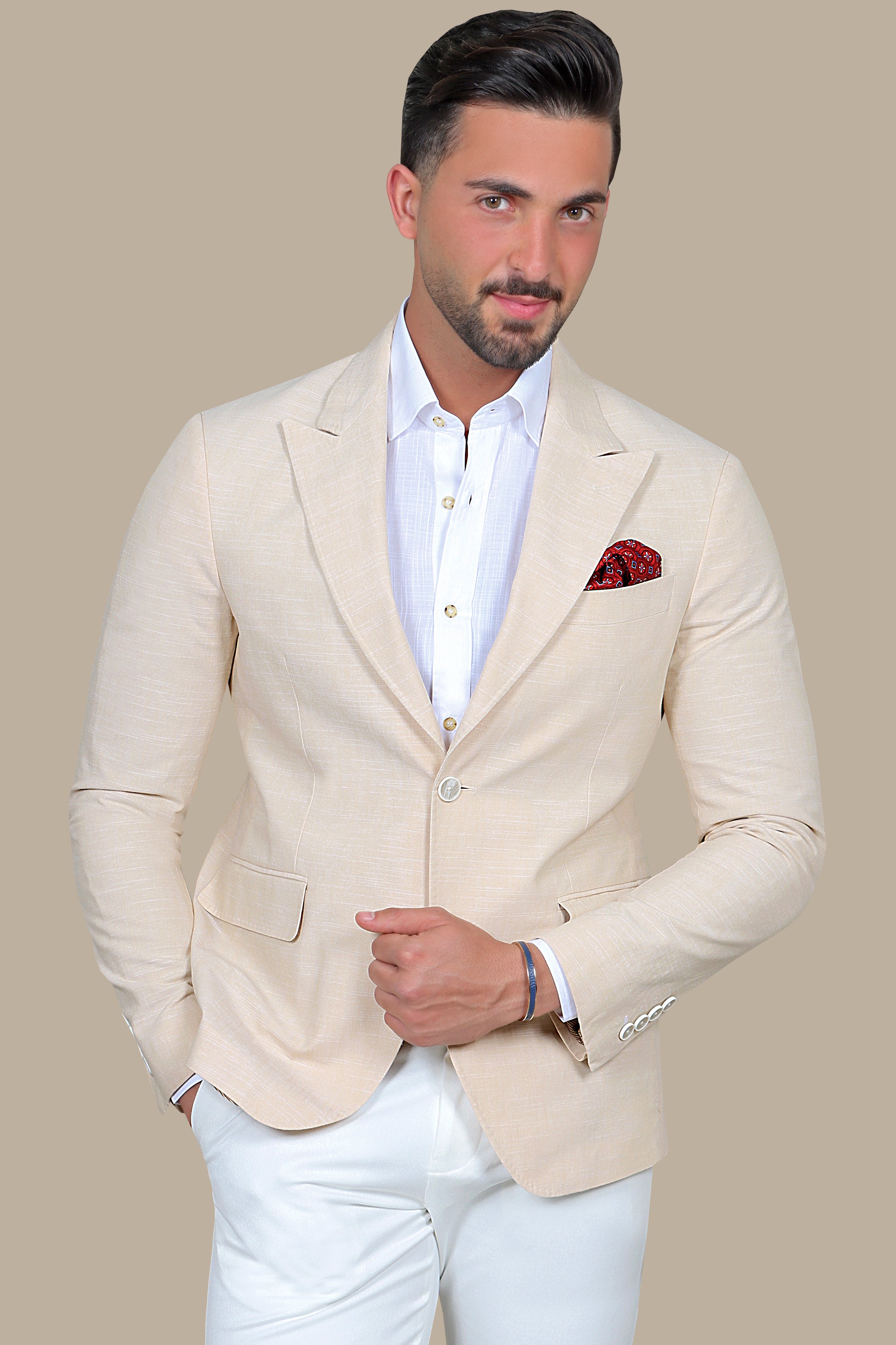 Beige Linen Peak Lapel Blazer