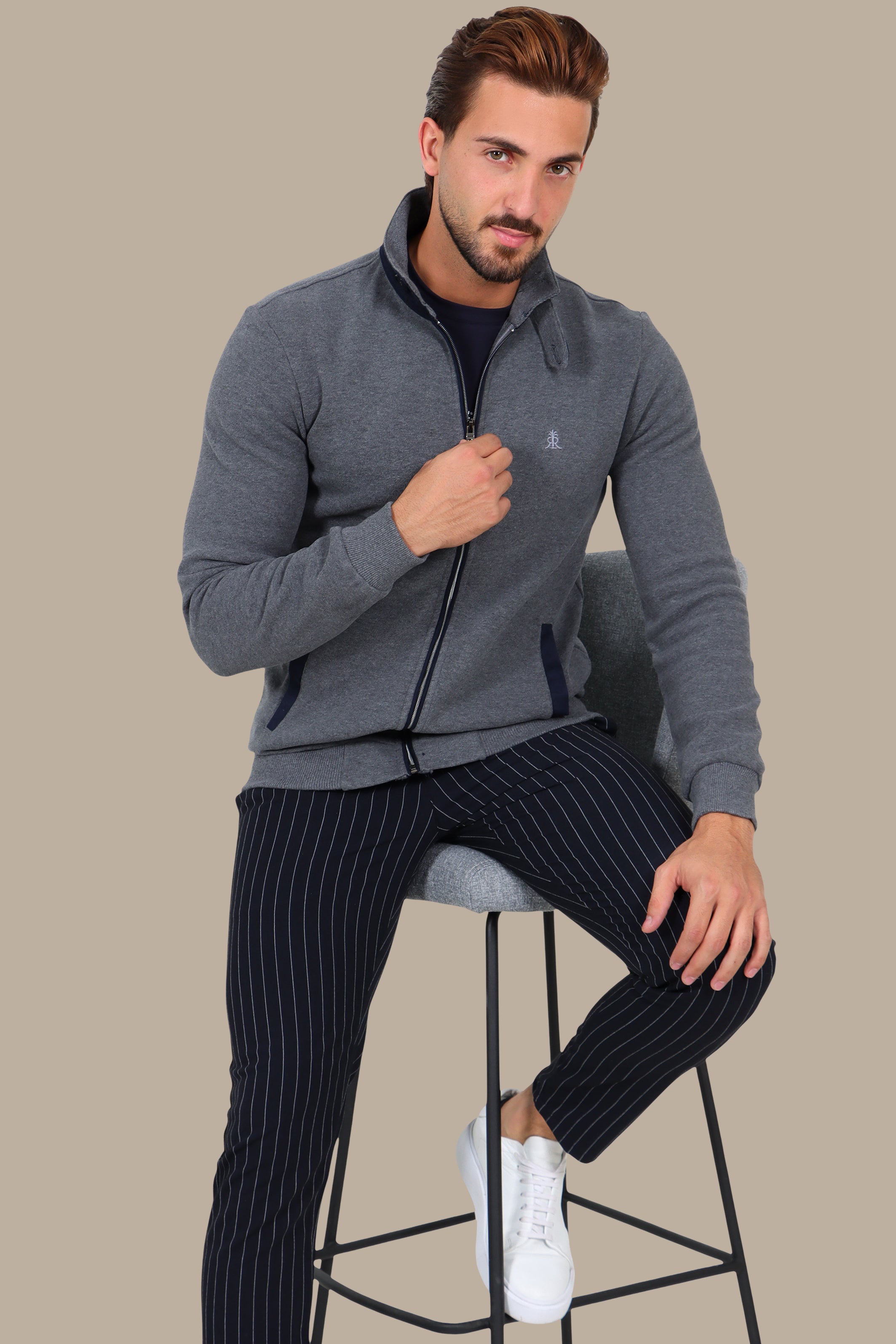Grey Full-Zip Cardigan with Velvet Collar and Buttons