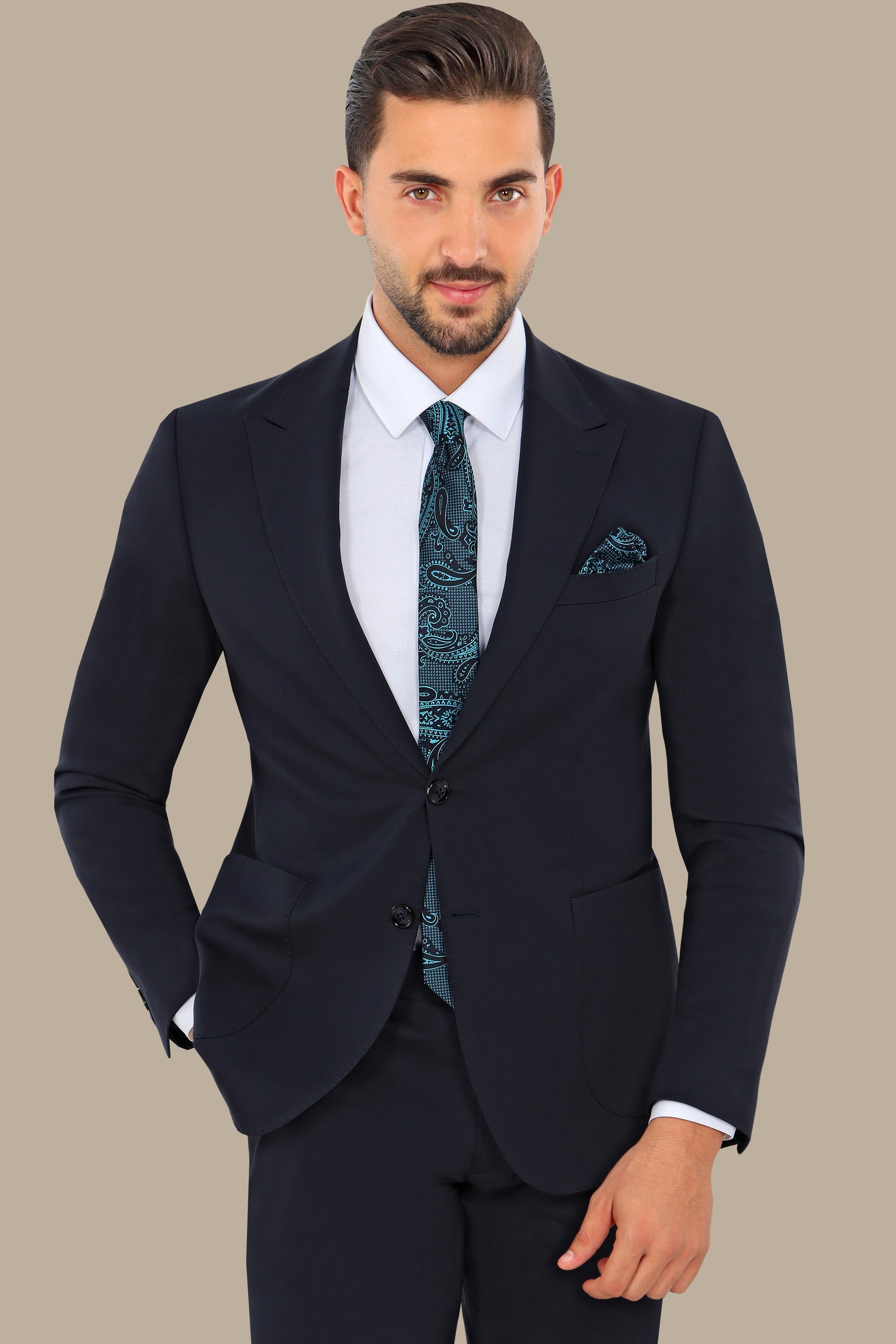 Modern Flex: 2-Piece Navy Lycra Suit with Peak Lapel