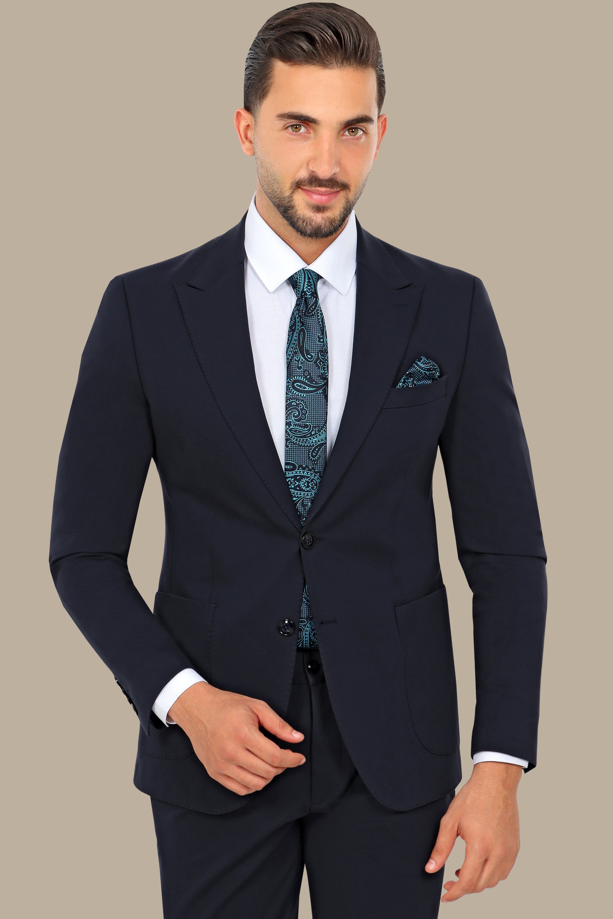 Modern Flex: 2-Piece Navy Lycra Suit with Peak Lapel