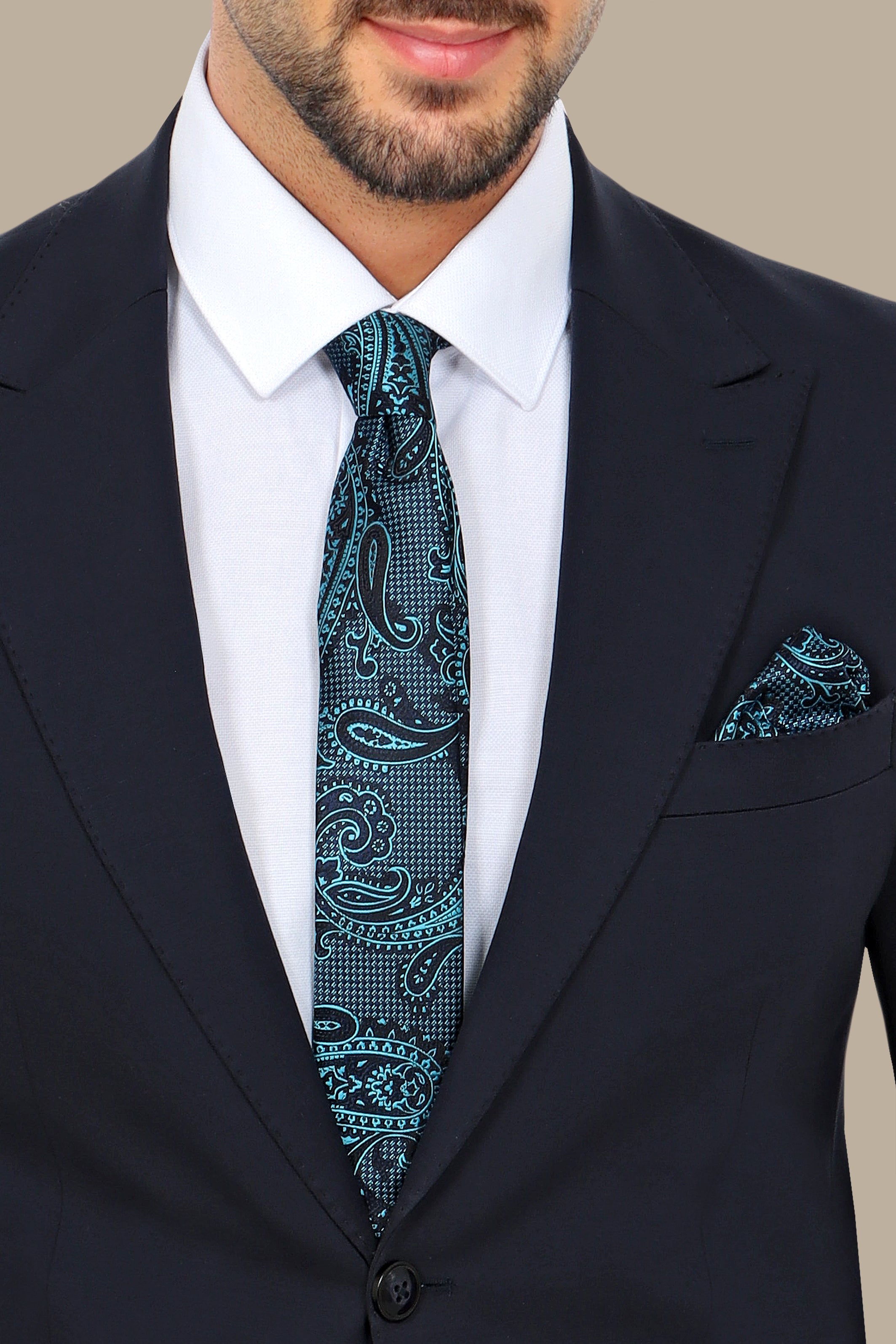 Modern Flex: 2-Piece Navy Lycra Suit with Peak Lapel