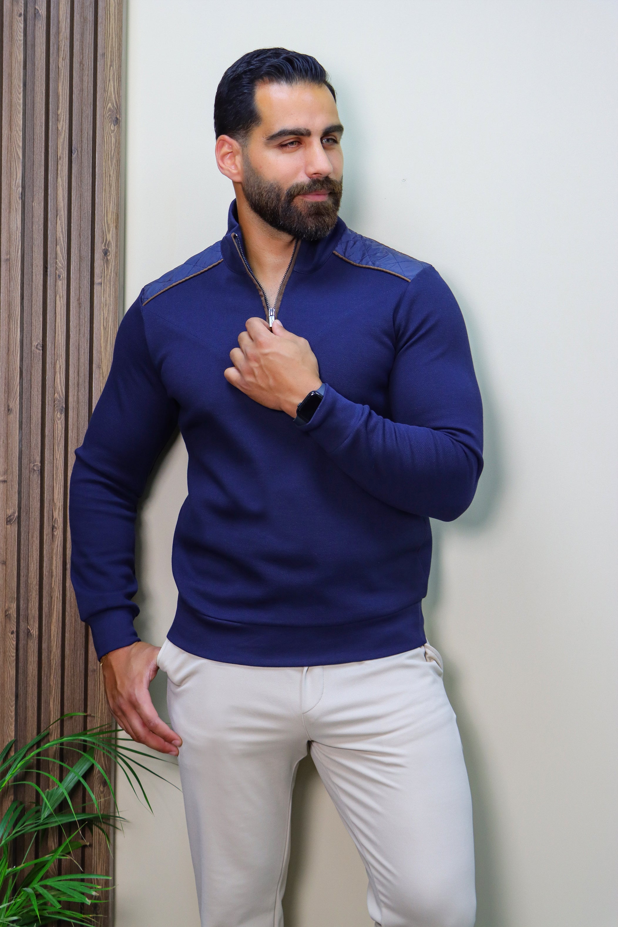 Navy Half-Zip Sweater with V-Cut and Shoulder Detail
