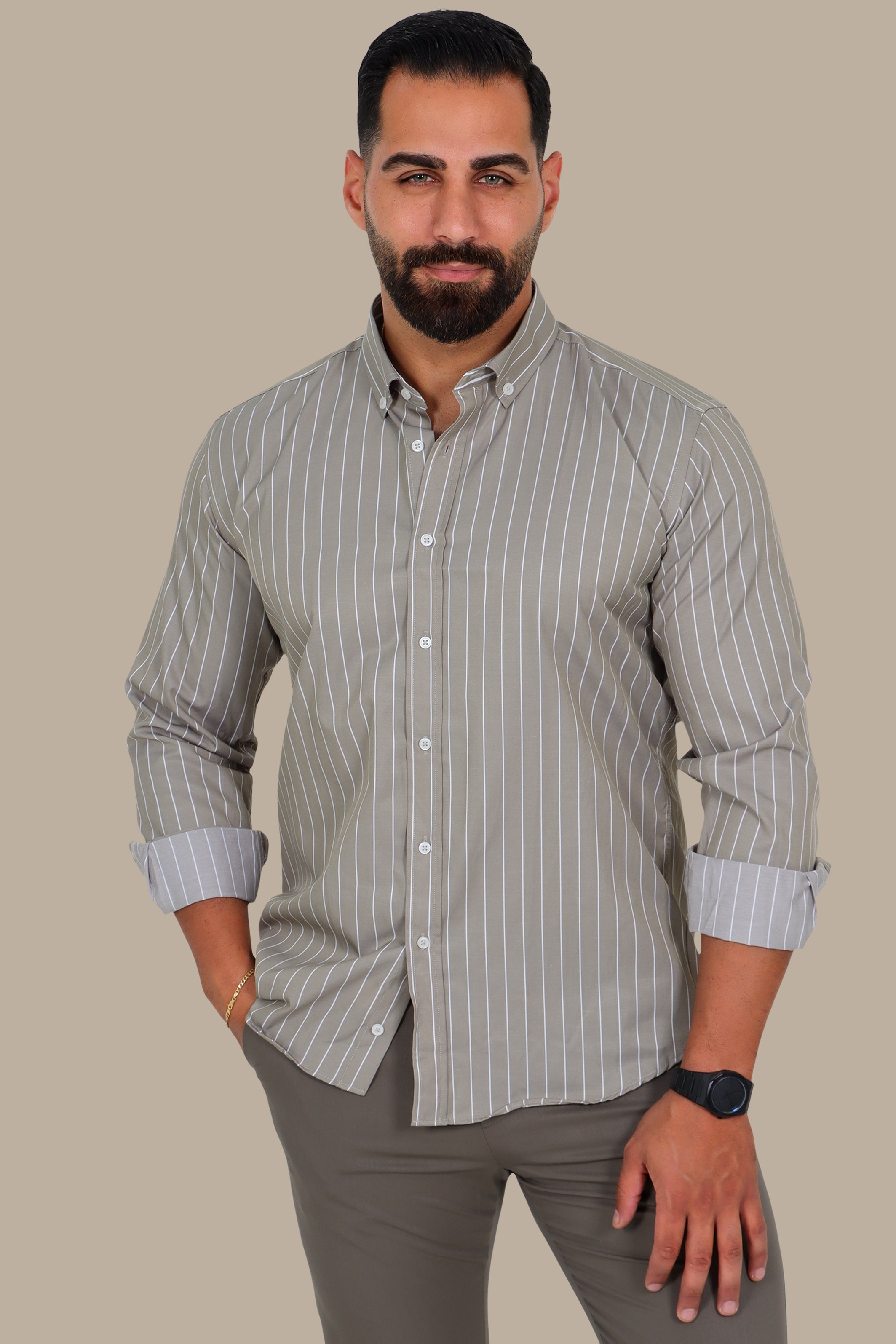 Olive Button-Down Shirt with White Pinstripes