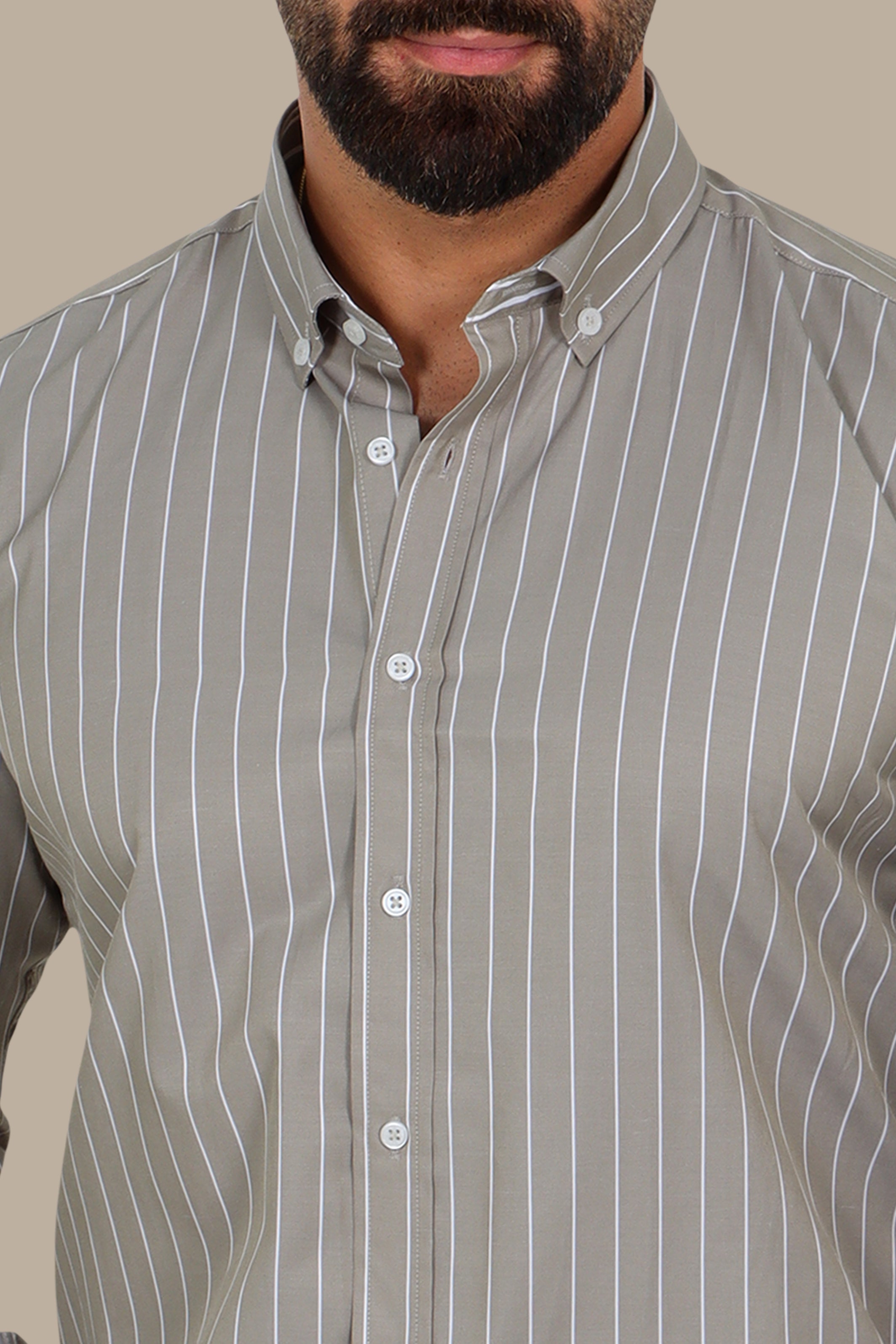 Olive Button-Down Shirt with White Pinstripes