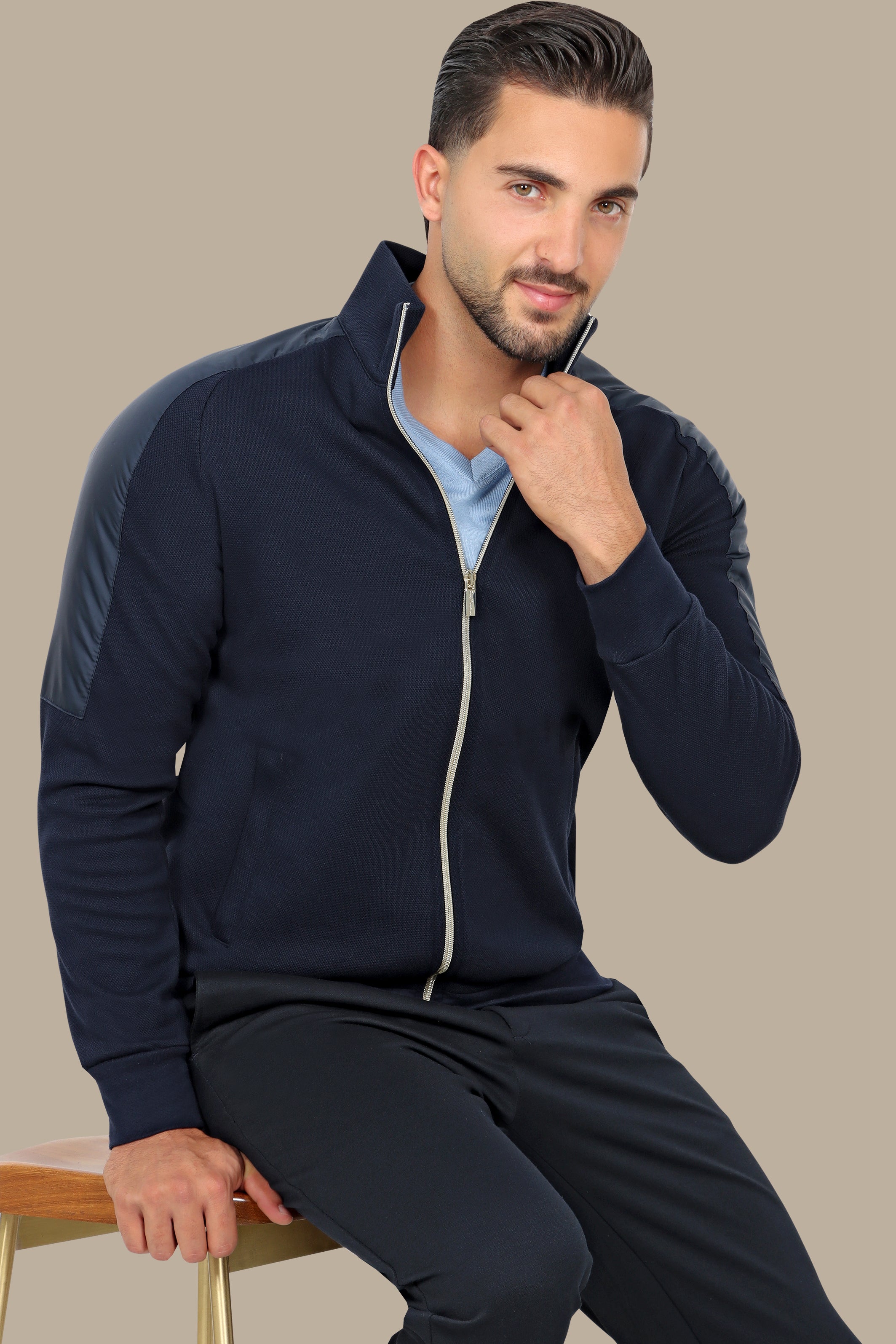 Navy Full-Zip Cardigan with Mixed Shoulder Fabric