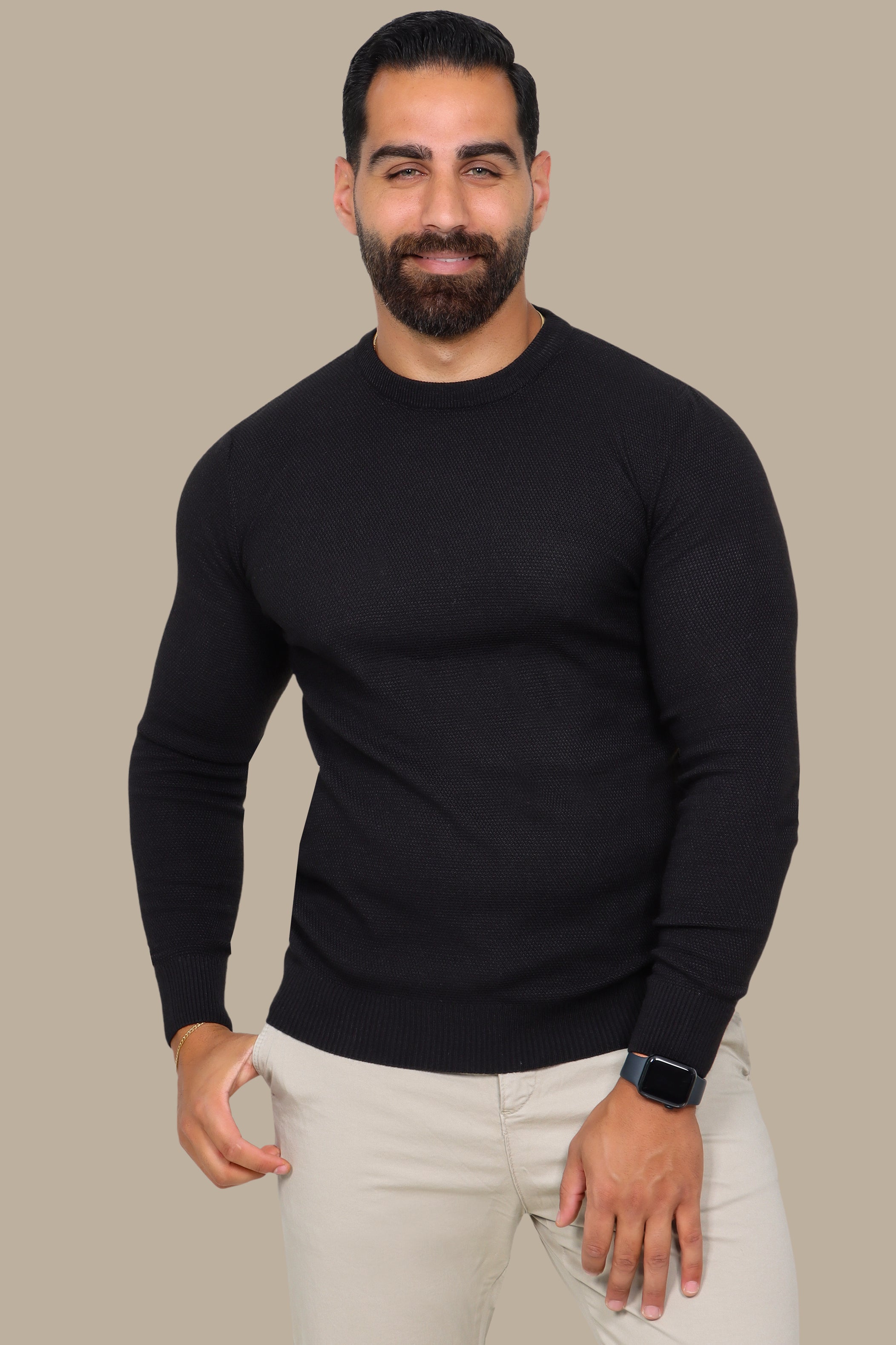 Black Round Neck Structured Sweater