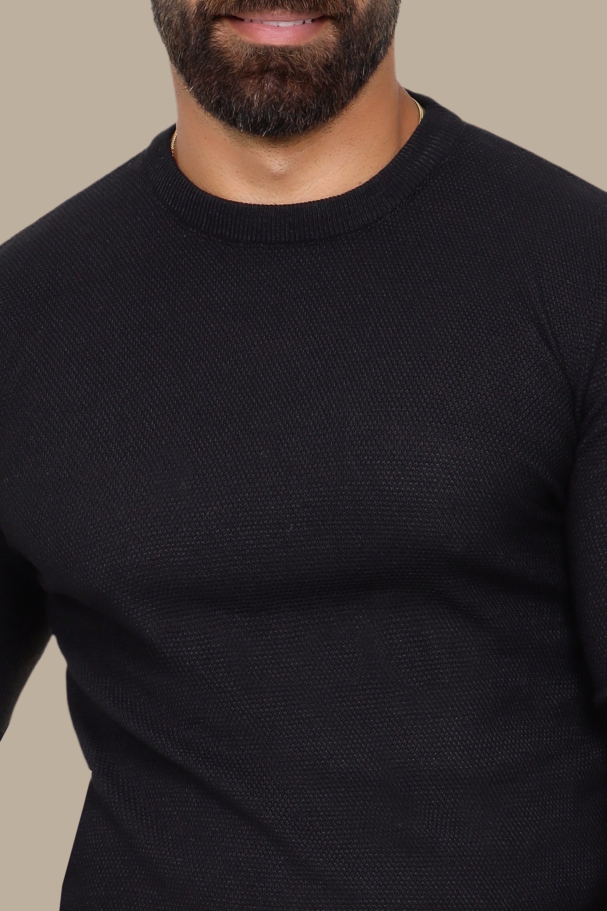 Black Round Neck Structured Sweater