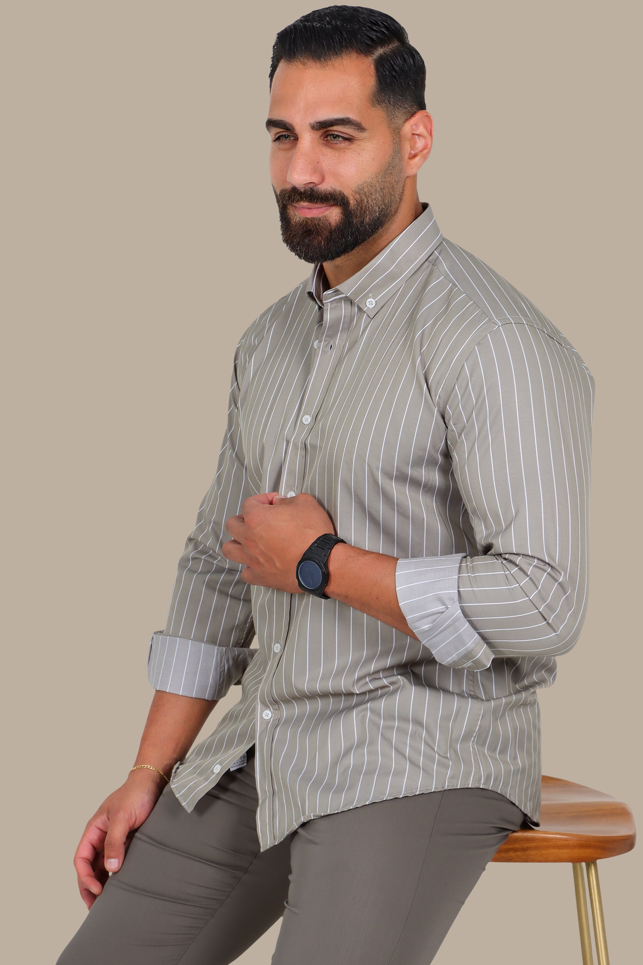 Olive Button-Down Shirt with White Pinstripes