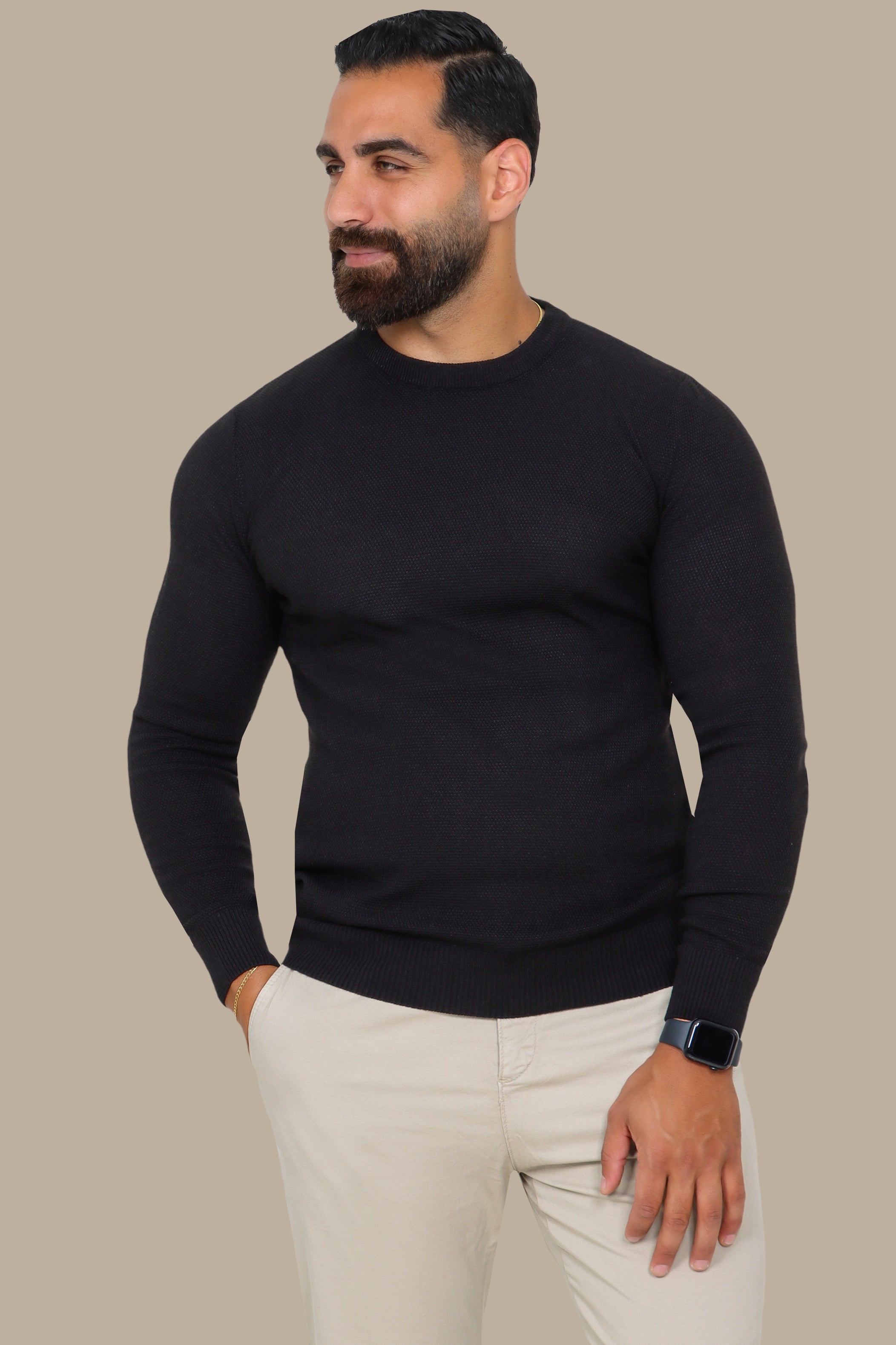 Black Round Neck Structured Sweater