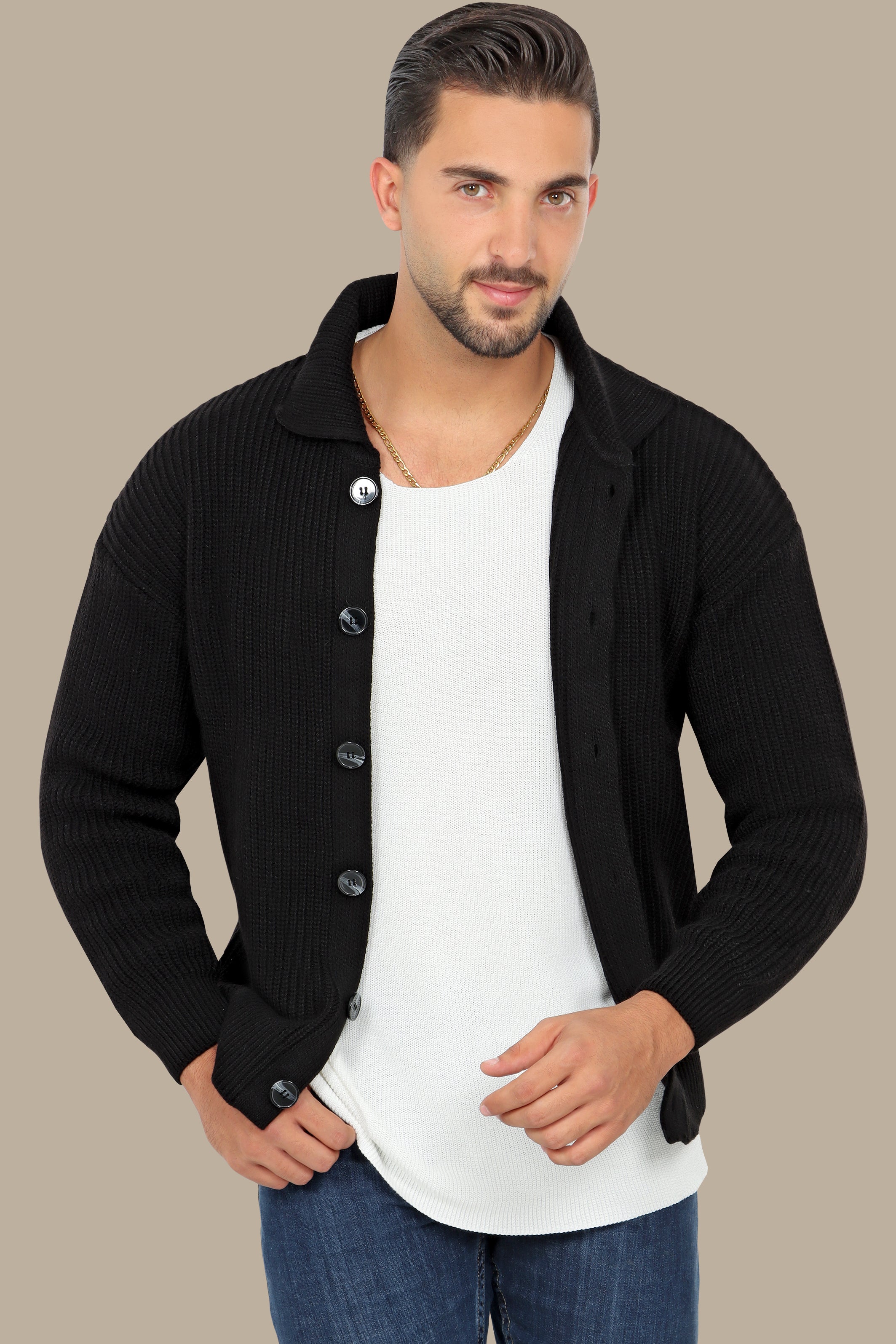 Black Mercerized Cardigan with Full Buttons