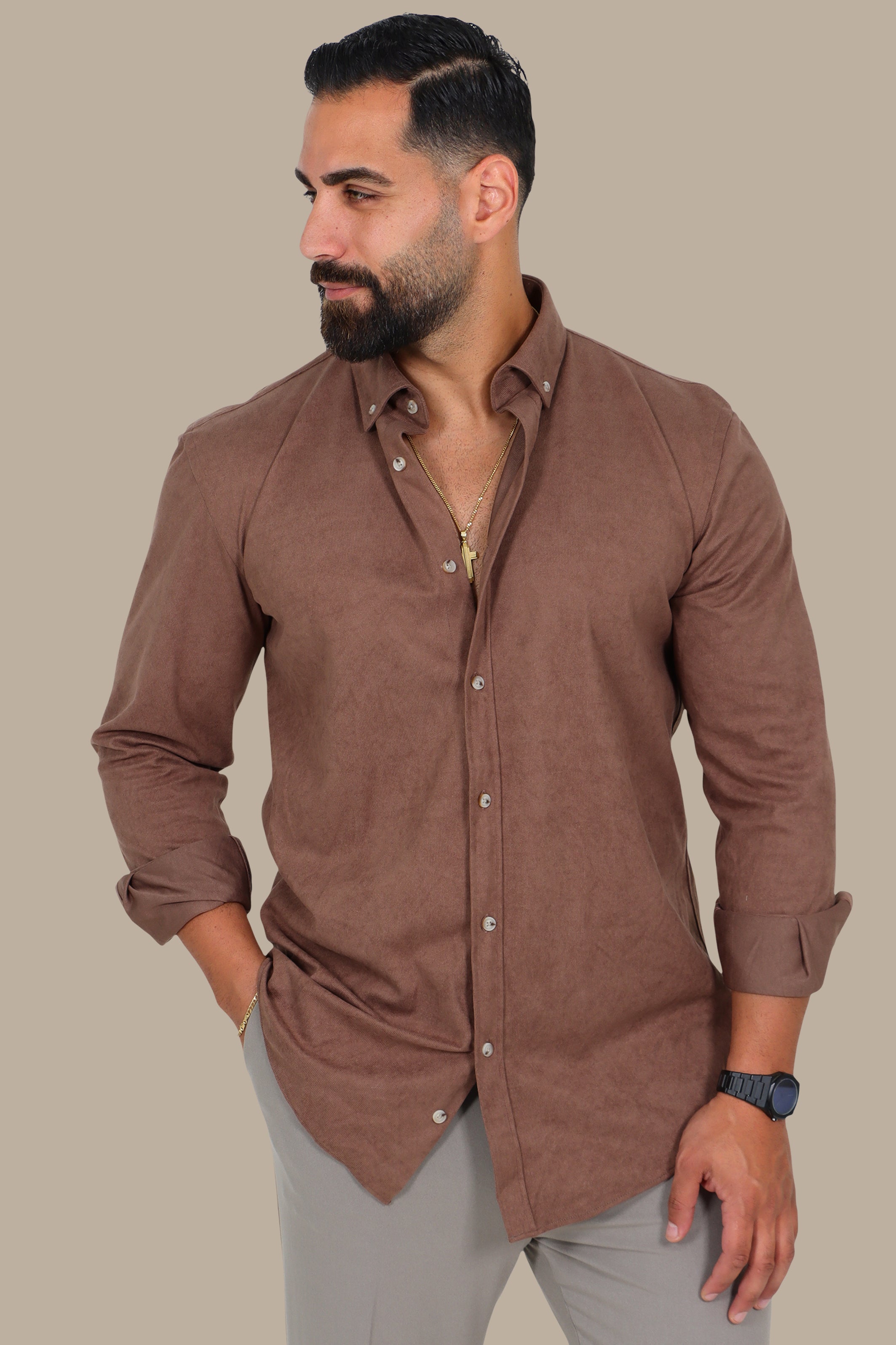 Light Brown Thin Corduroy Button-Down Shirt