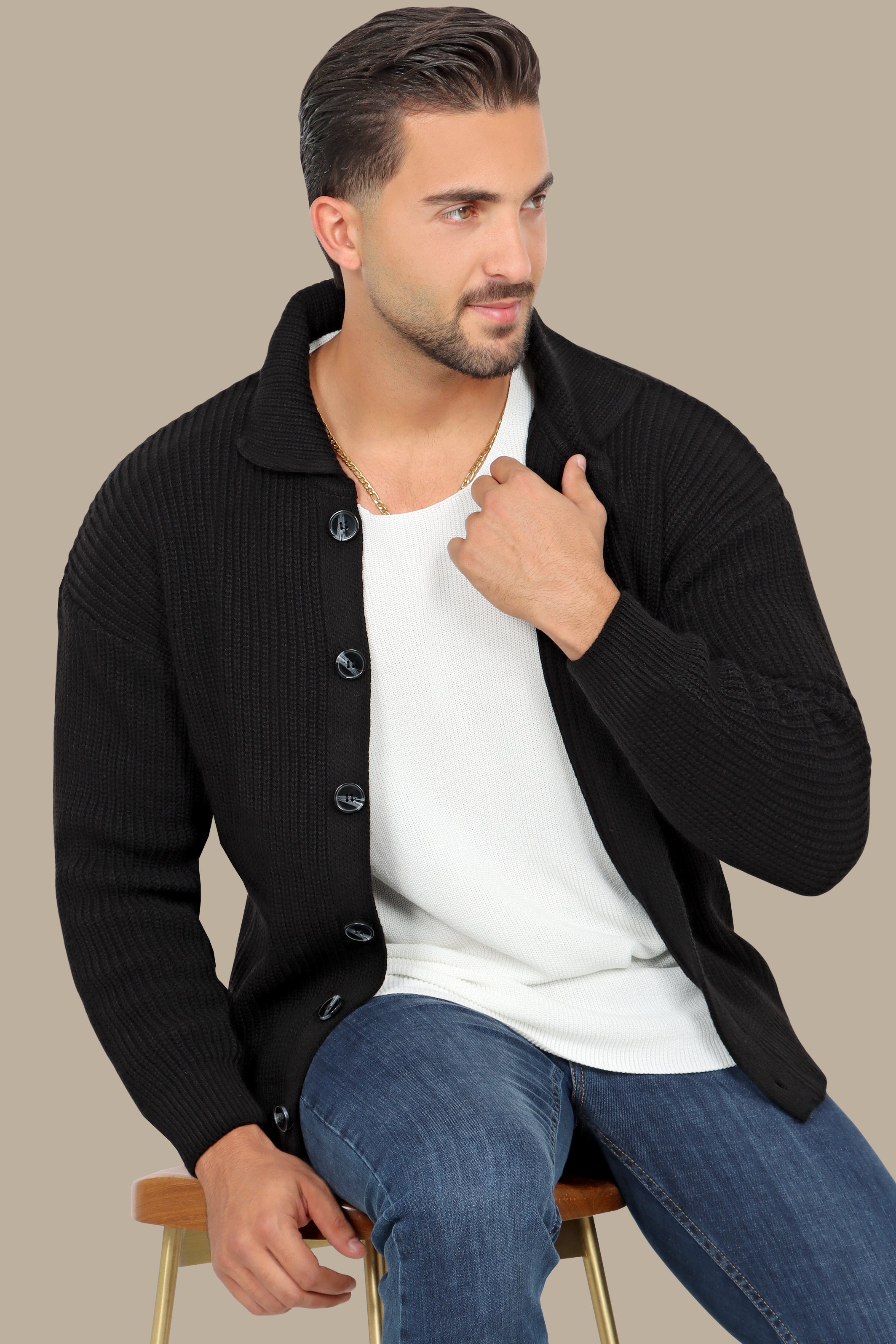 Black Mercerized Cardigan with Full Buttons