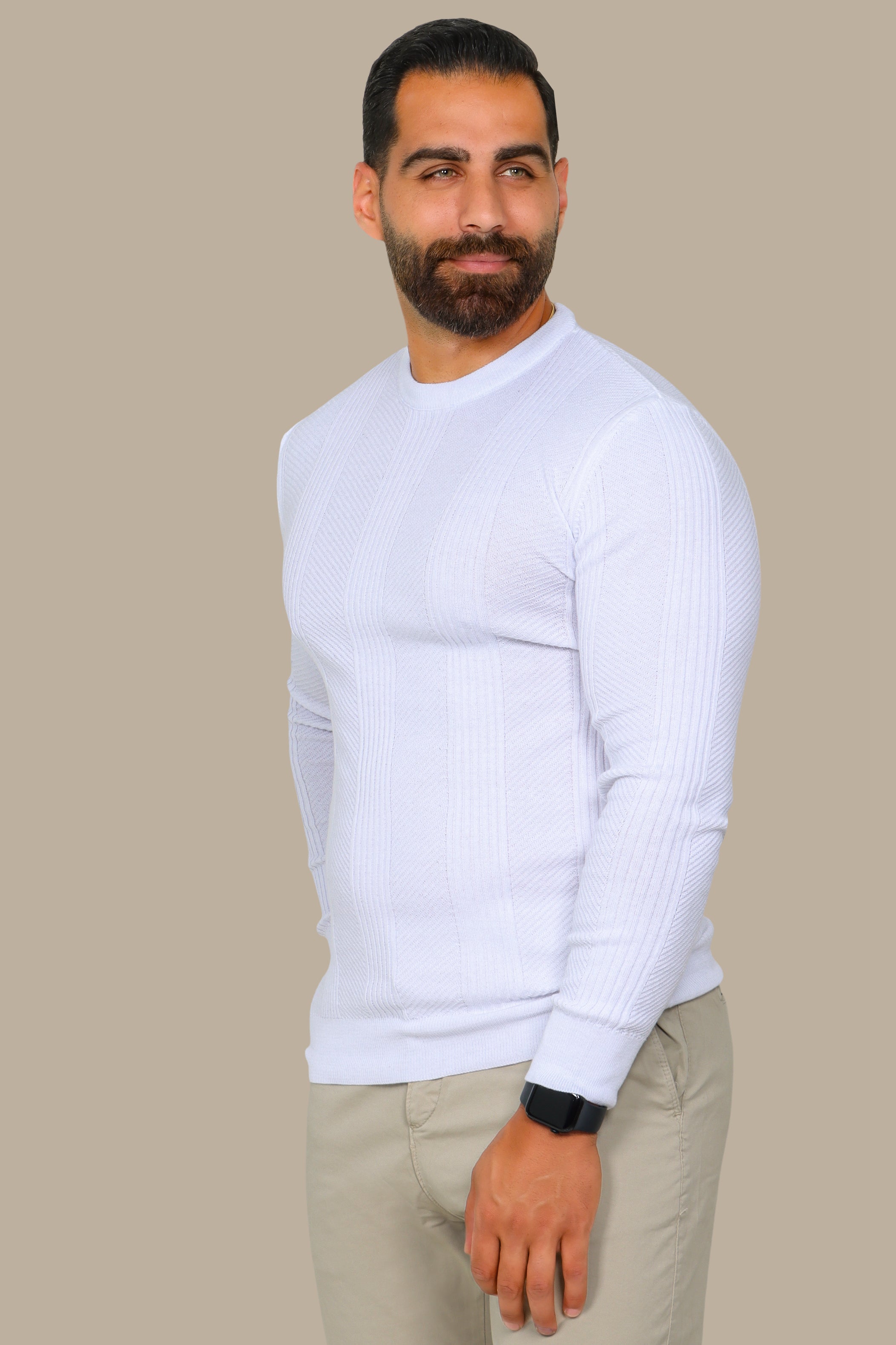 White Structured Sweater with 3 Wide Lines