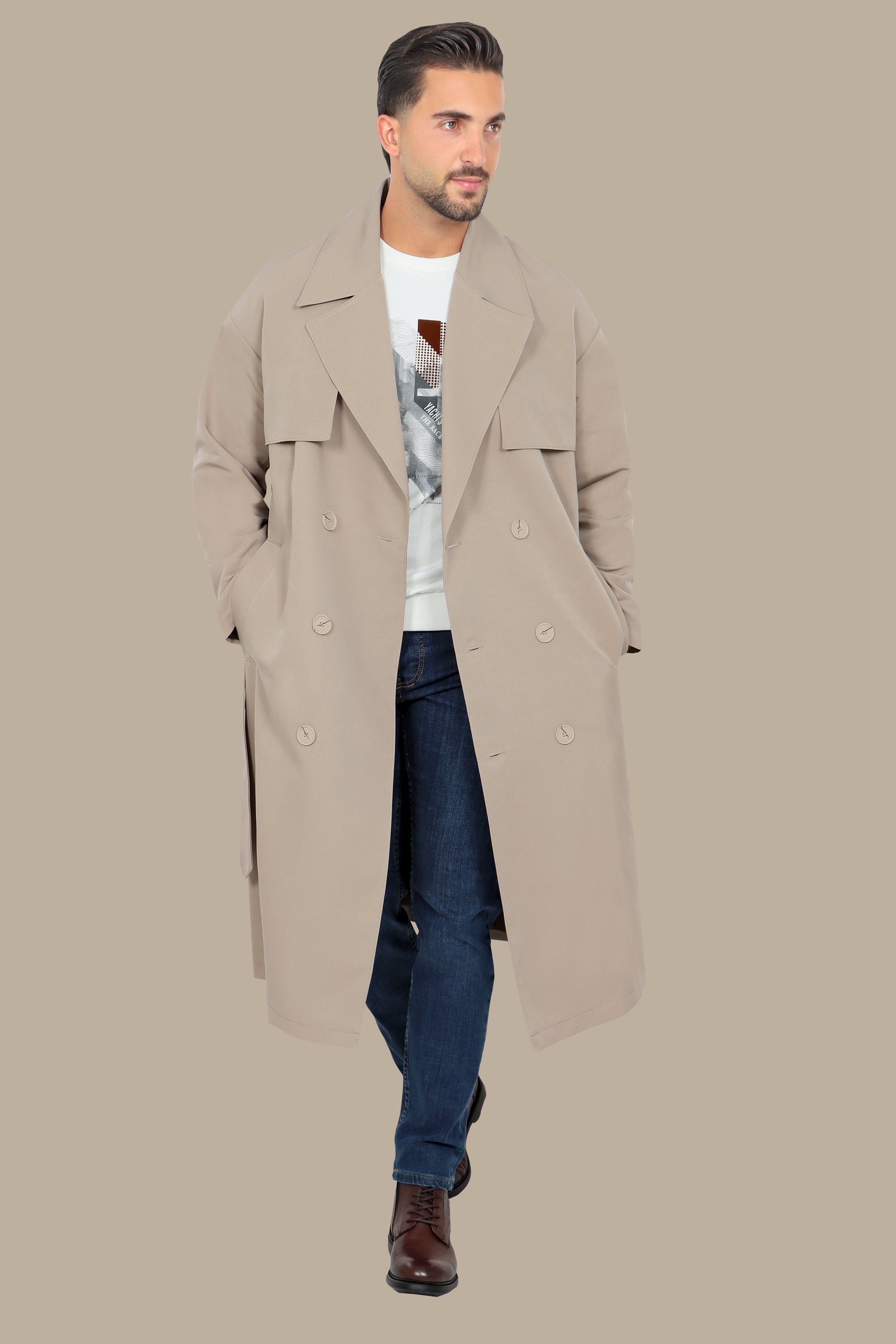 Oversized Double-Breasted Beige Long Trench Coat