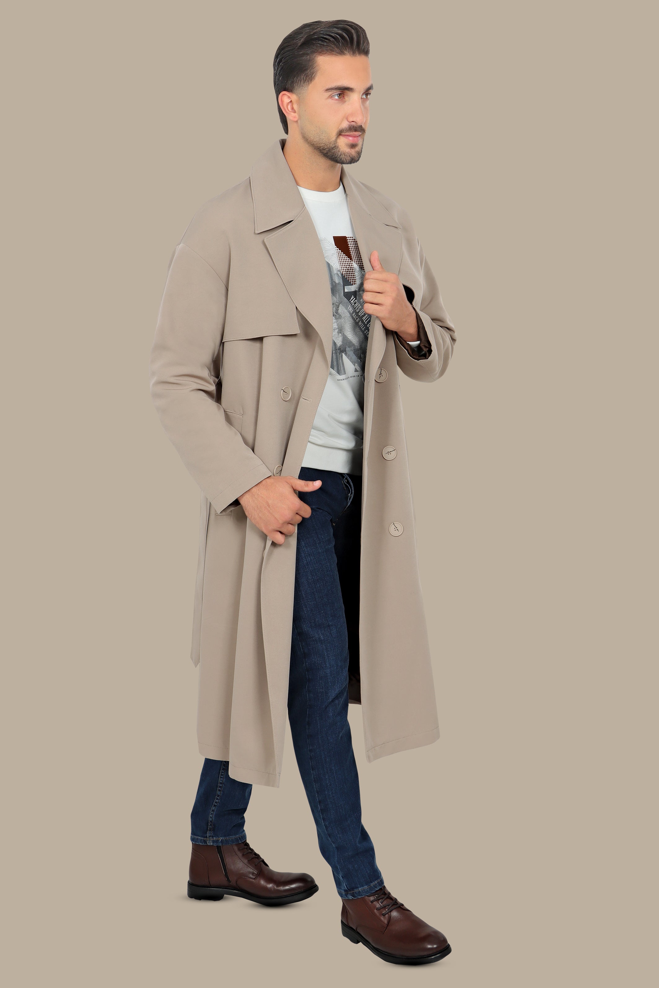 Oversized Double-Breasted Beige Long Trench Coat