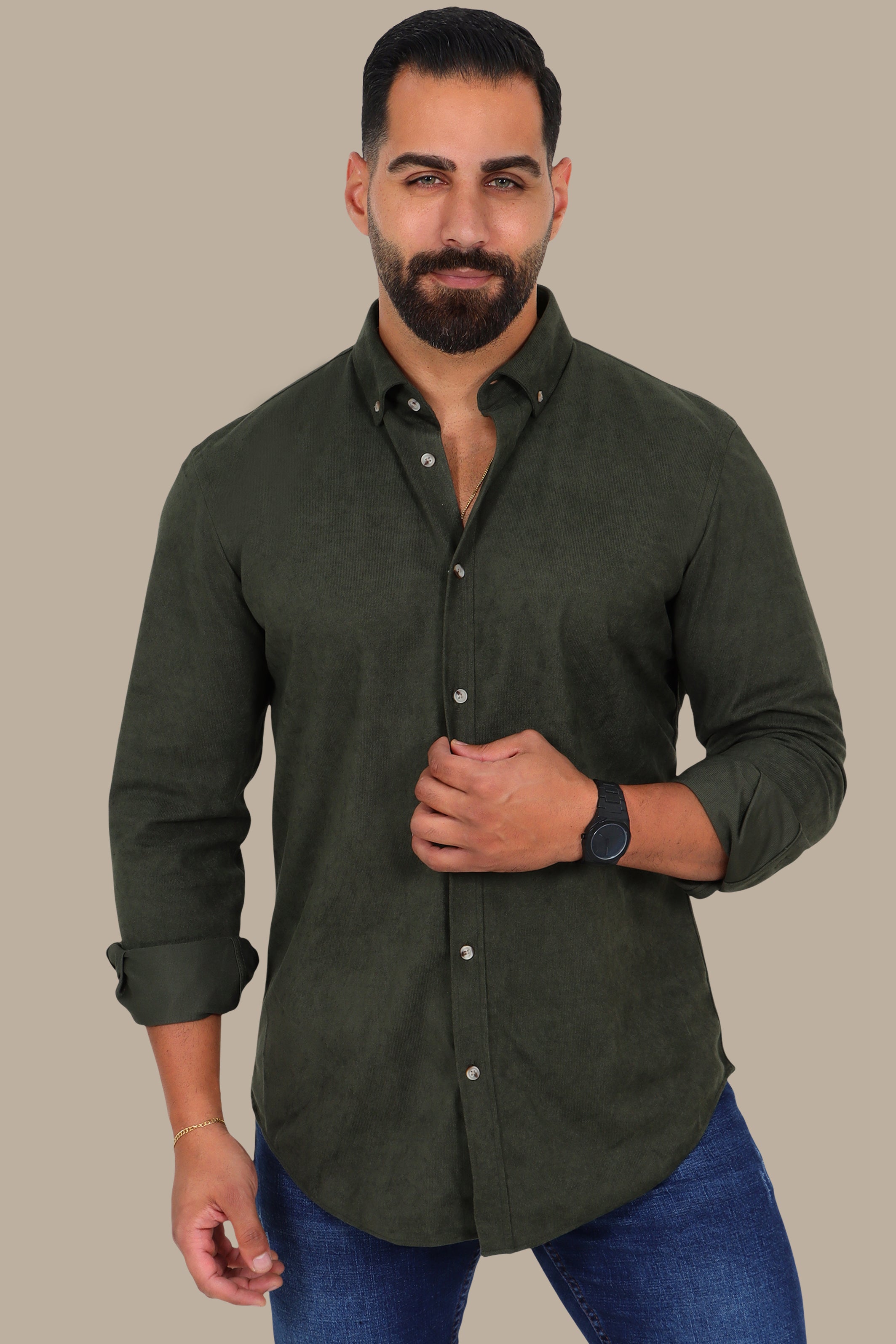 Khaki Thin Corduroy Button-Down Shirt
