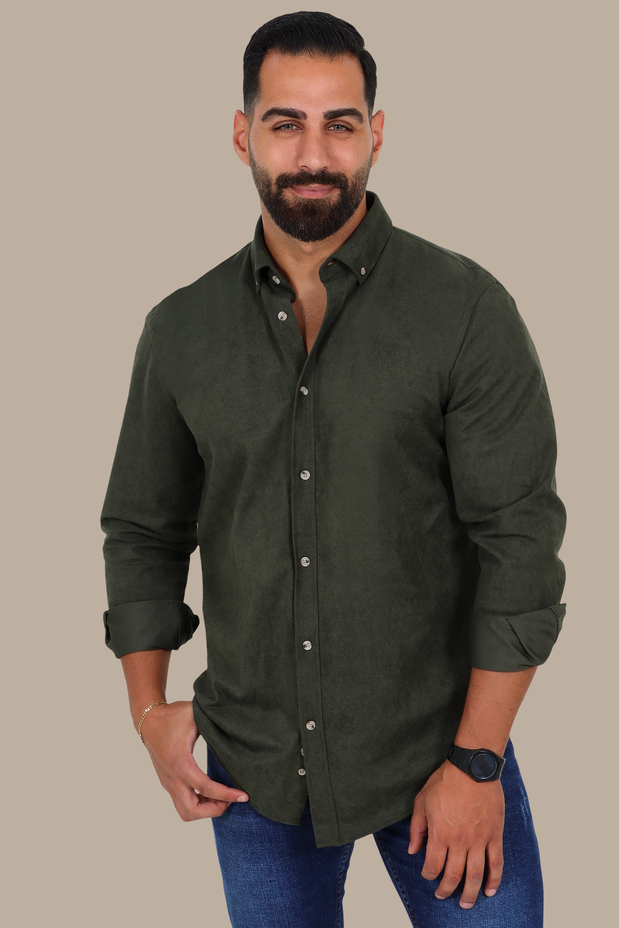 Khaki Thin Corduroy Button-Down Shirt